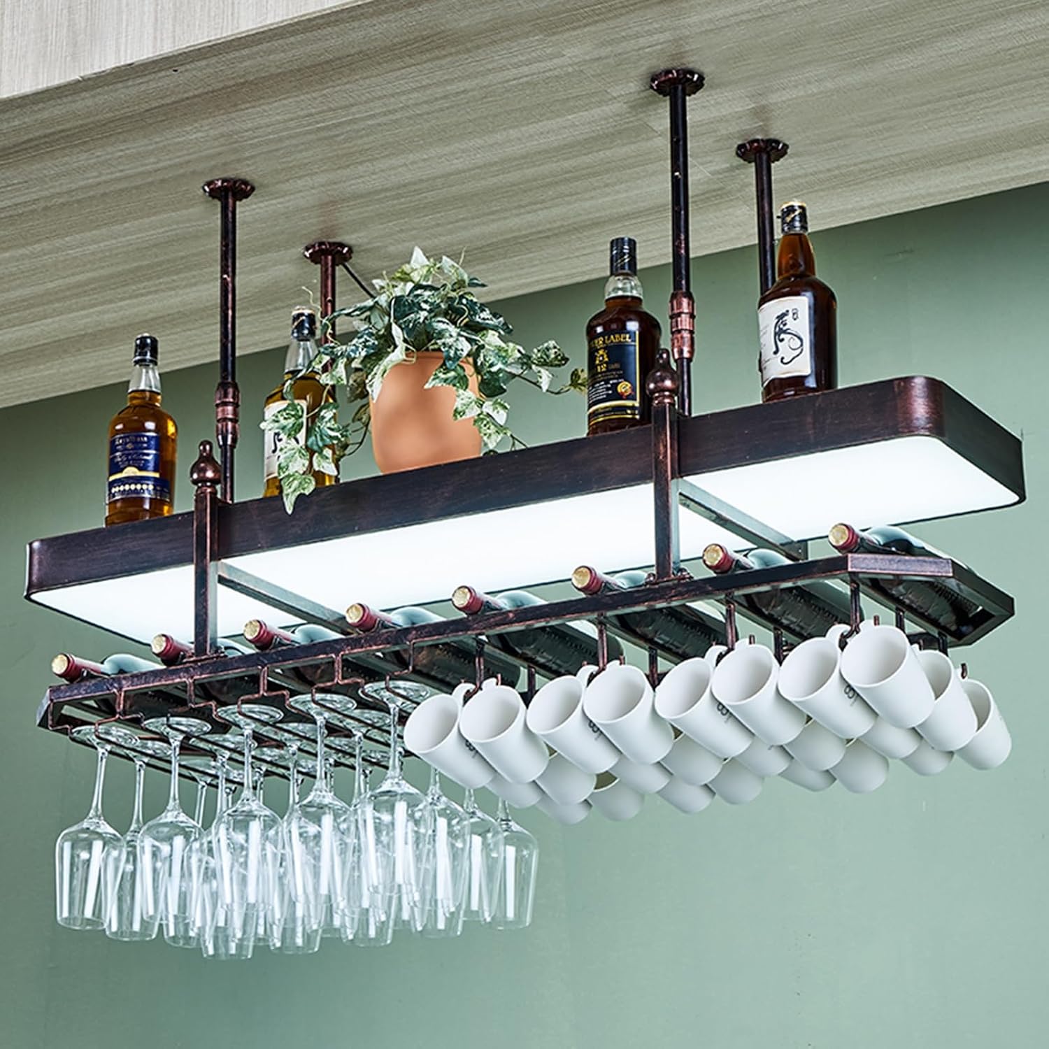 eathable Wine Rack with Glass Holder, LED Lighted Liquor Cabinet, Wall Mounted Bar Shelves for Home Bar Decor and Storage, Corner Kitchen Shelf Display for Whiskey Bottles, Ceiling Wine Shel