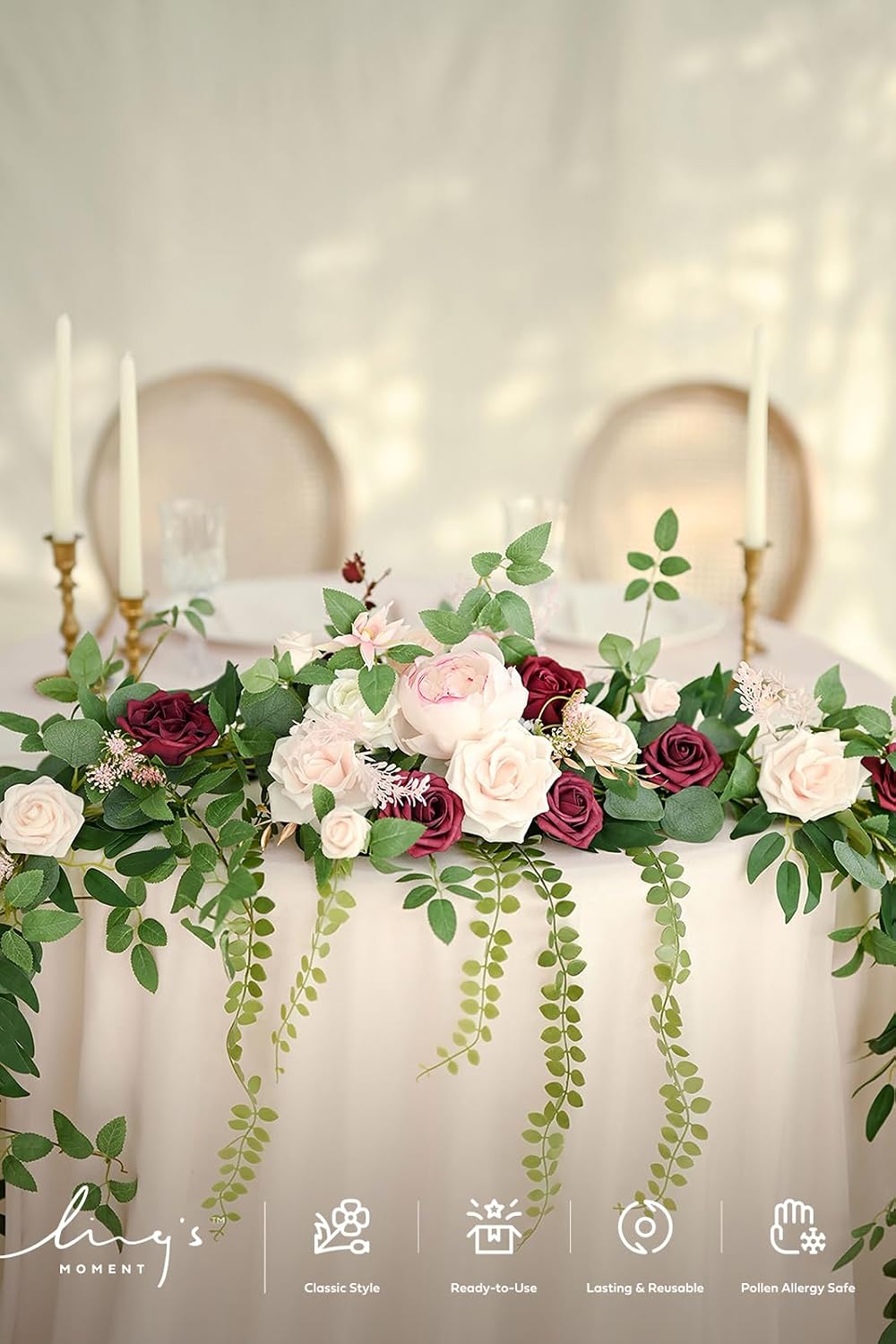 Ling's moment 9FT Spring Flower Garland - Wedding Arch Flowers, Eucalyptus & Rose, Artificial Floral Garland for Mantle - Sweetheart Table Decor for Reception, Backdrop Decorations, Marsala