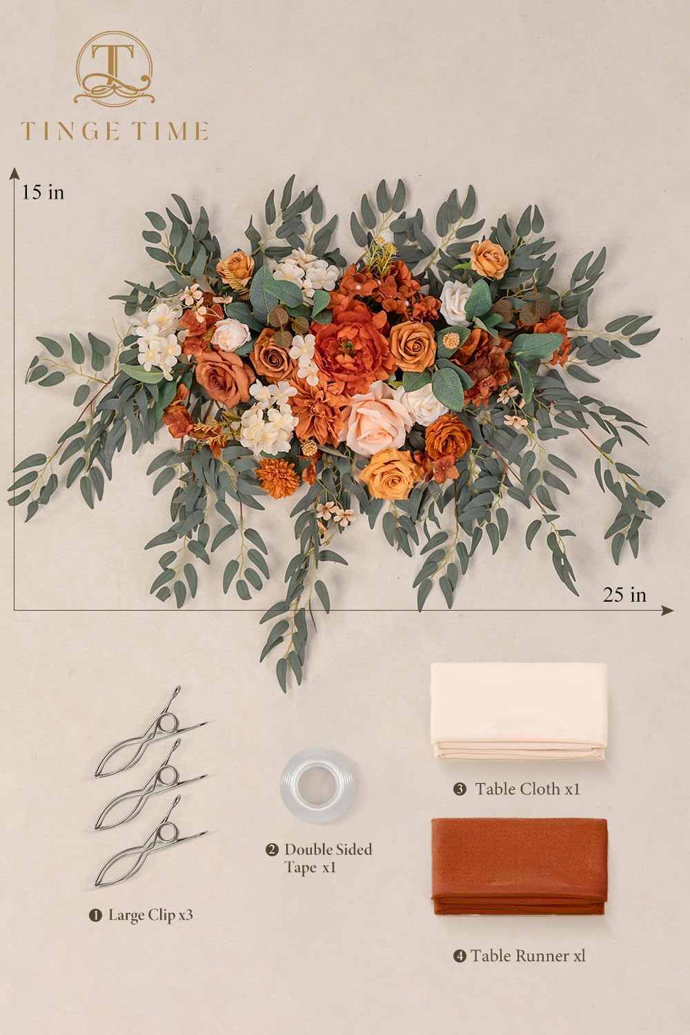 TINGE TIME Artificial Sweetheart Flower Swag with Tablecloth and Table Runner, Pack of 3 Floral Arrangement for Autumn Wedding Sweetheart Table Centerpiece Fall Decoration (Terracotta)