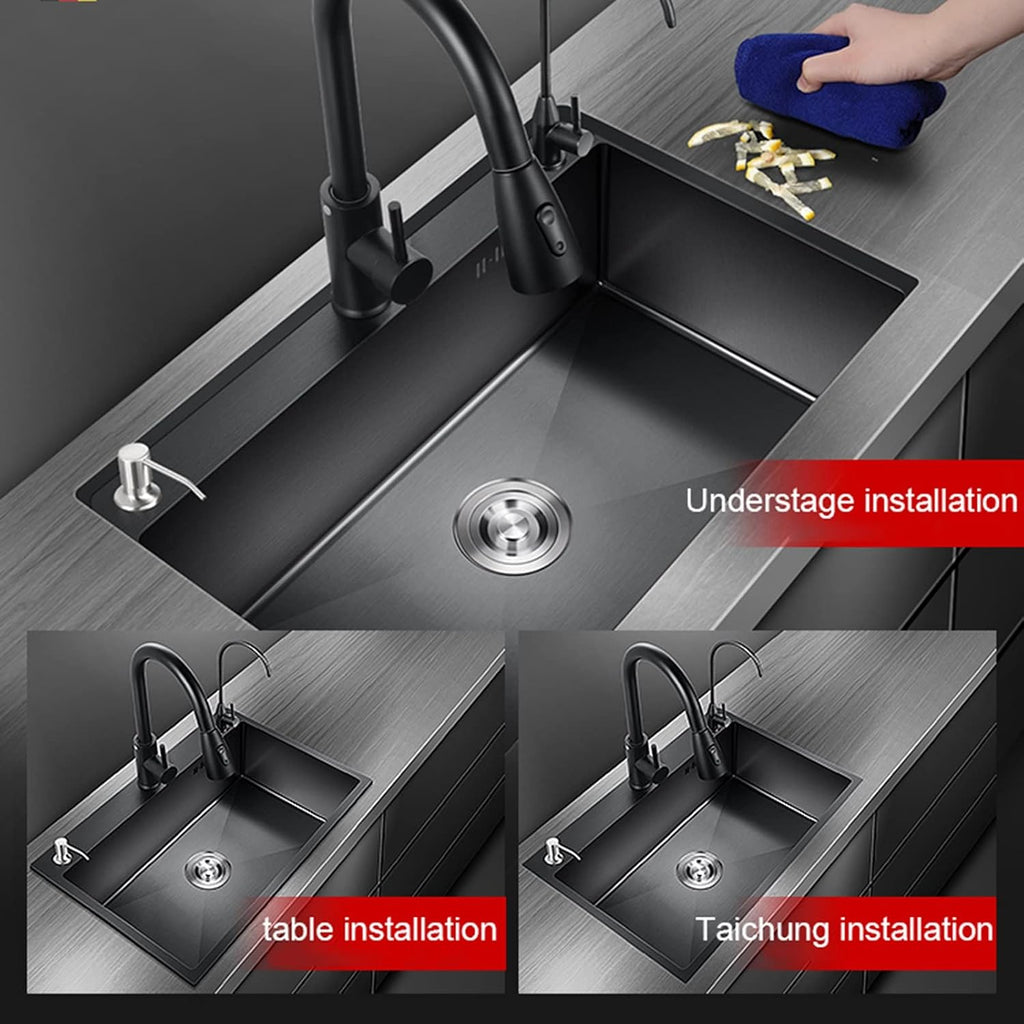 JATIBOSH Kitchen Sinks Large Kitchen Sink, Convenient 3 Hole Design Stainless Steel Sink, Single Bowl Sink Workstation, with Pull-Out Faucet (Color : Black, Size : 50 * 45cm)