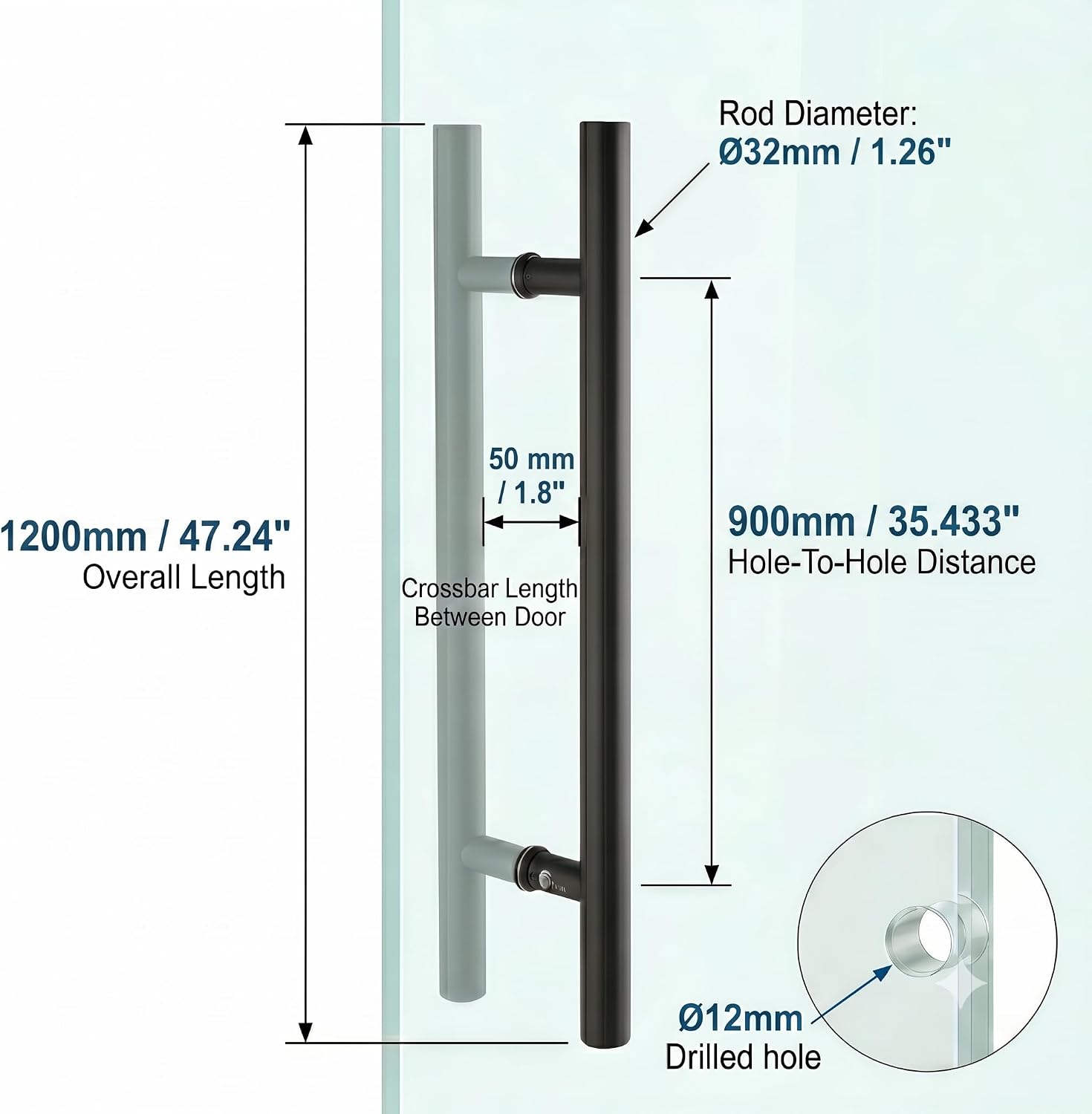 TOGU TG-6012 48-Inch Double-Sided Push Pull Door Handle, Matte Black SUS304 Stainless Steel Ladder Pull, Heavy-Duty for Commercial Glass, Residential Wood Barn & Metal Doors (1200 * 32mm)