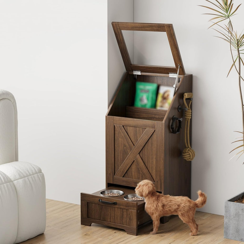 Dog Feeding Station with Storage,Wooden Pet Food Storage Cabinet,Equipped with 2 High Footed Bowls and 3 Hooks,Top Glass Flip Cover,Anti Tipping Device (Dog Feeding Station-Walnut)