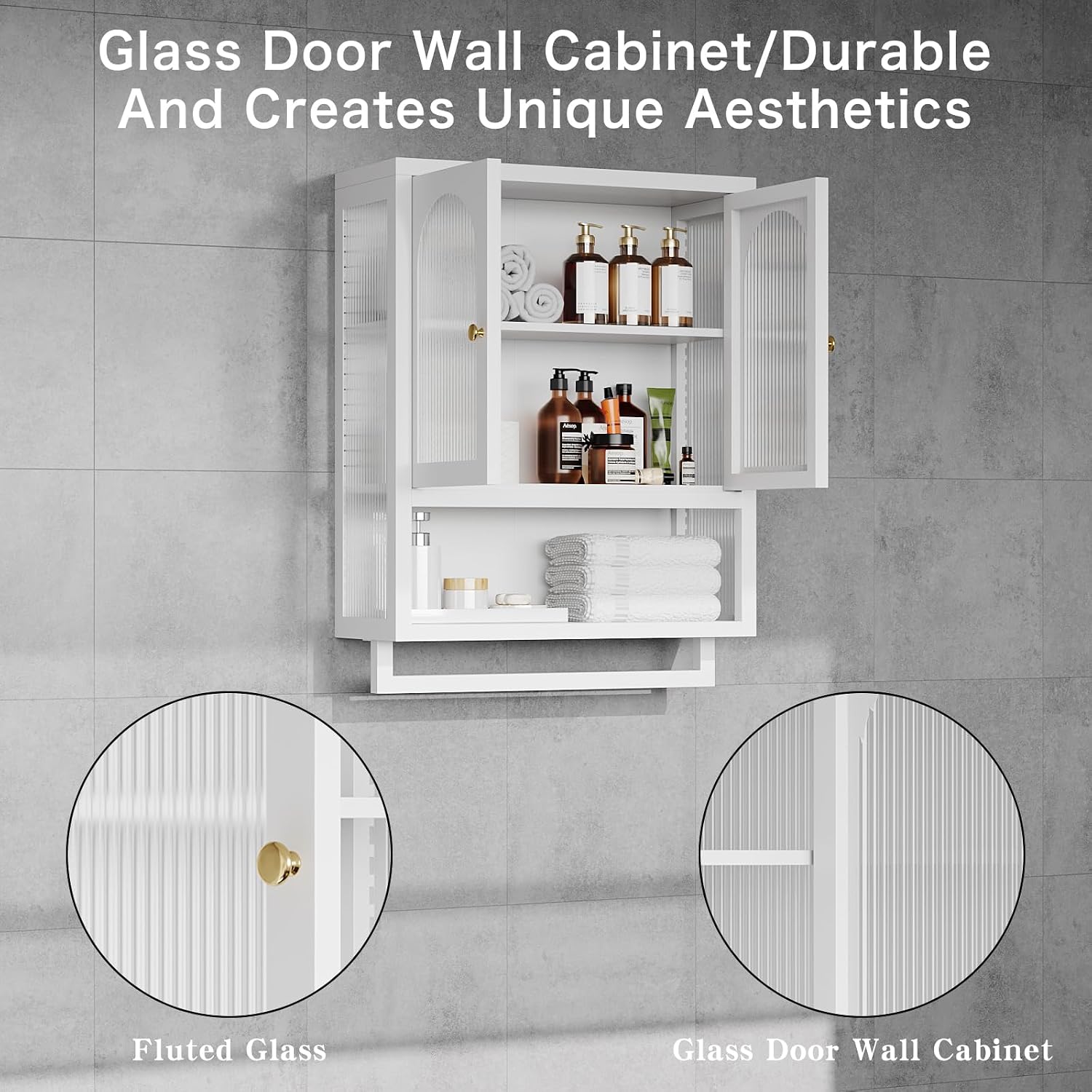 ALBAD Metal Bathroom Wall Cabinet with Fluted Glass Door and Towel Bar Wall-Mounted Medicine Cabinets Above the Toilet for Modern Bathroom, Kitchen, Garage, Laundry Room, White