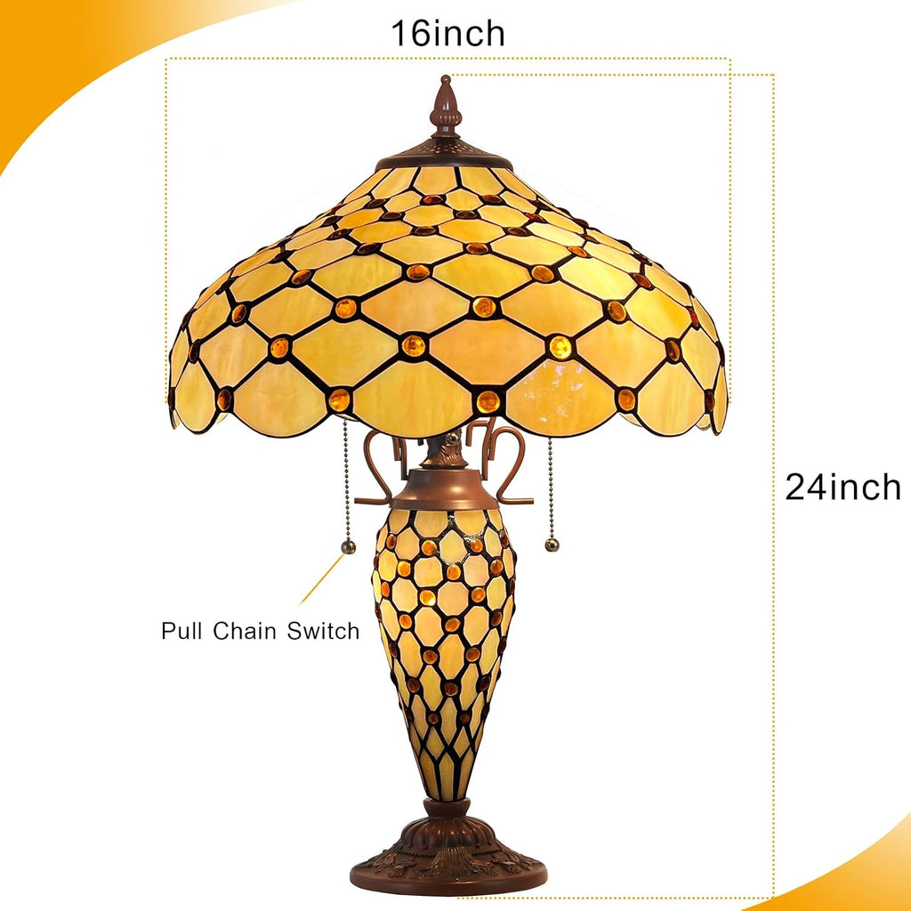 Capulina Tiffany Lamp Stained Glass Table Lamp with Nightlight 16X16X25 Inches Mother-Daughter Vase Amber Beads Tiffany Style Desk Lamp for Home Office Living Room Bedroom Study Room