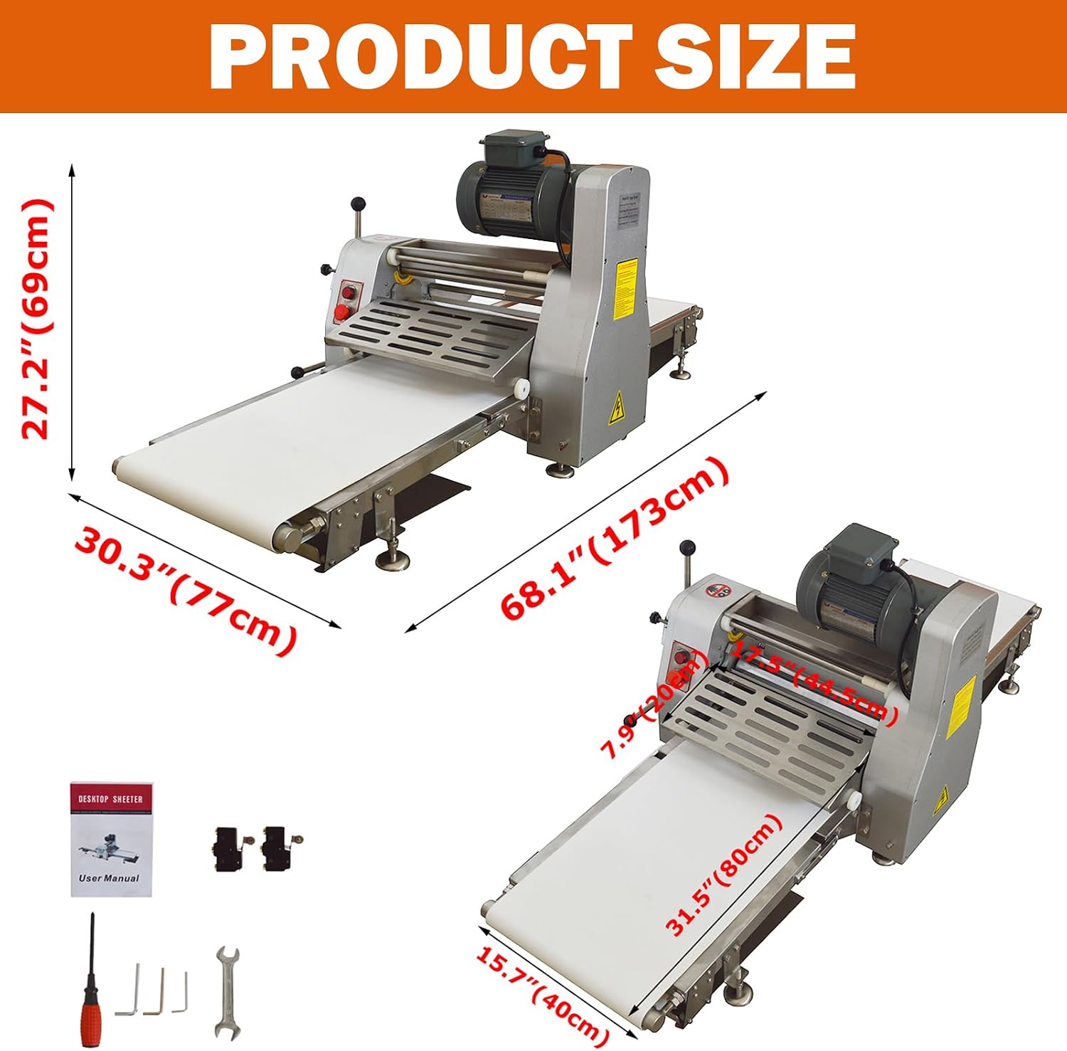 TECHTONGDA Commercial Dough Sheeter Laminated Dough Sheeter Fondant Flattener Pastry Sheeter Countertop Pizza Pasta Press Machine with 65x15.7' Conveyor Belt Professional Bakery Equipment