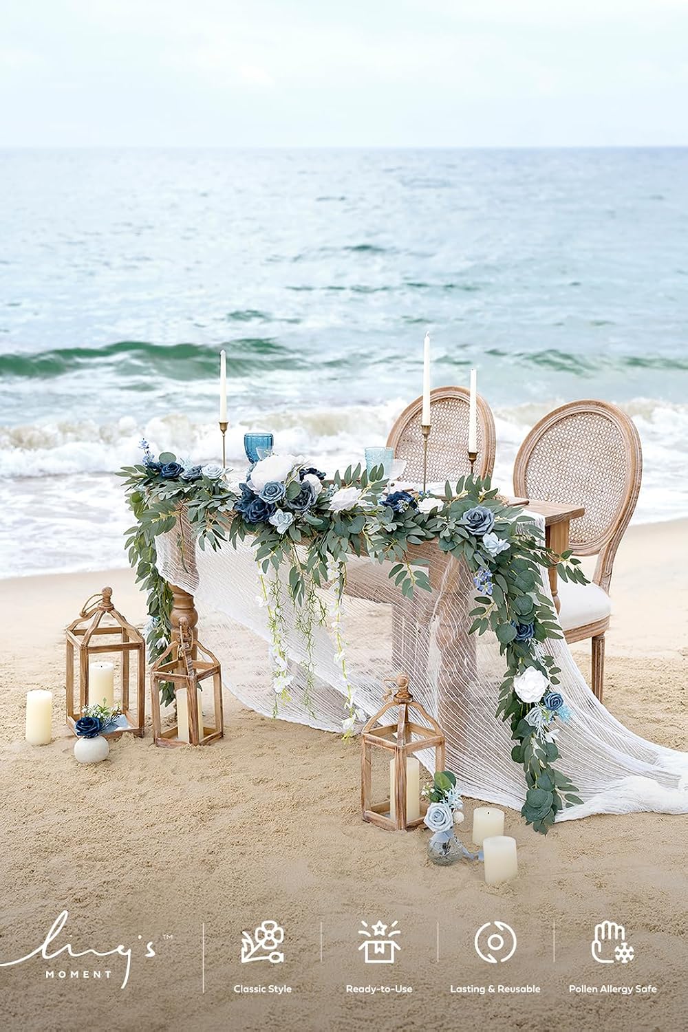Ling's moment 9FT Spring Flower Garland- Wedding Arch Flowers for Backdrop Decoration, Eucalyptus & Rose, Artificial Floral Garland for Mantle - Sweetheart Head Table Decor for Reception, Dusty Blue