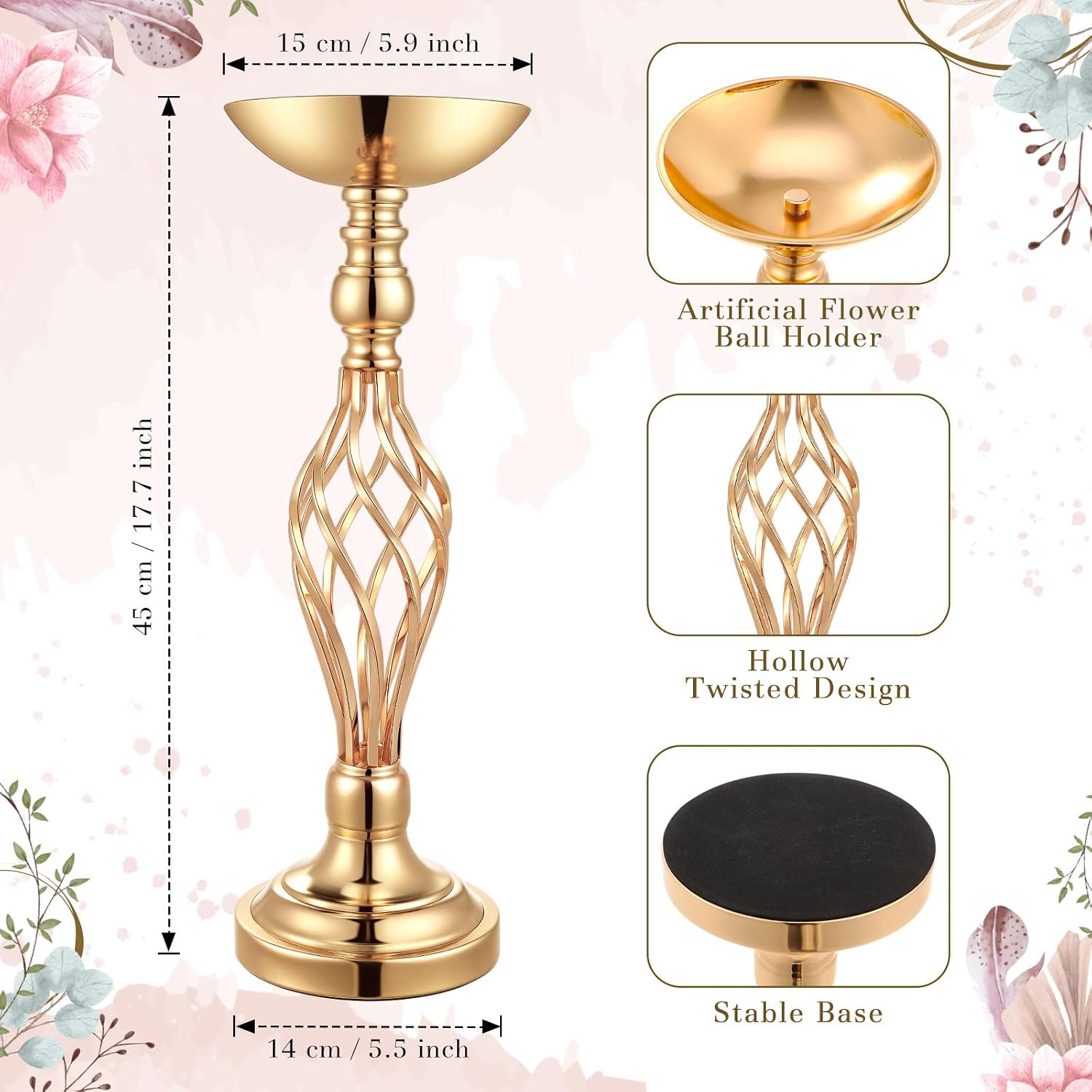 Rtteri 20 Pcs Large Wedding Centerpiece Table Decorations Tall Metal Flower Arrangement Stand Elegant Flower Vase Candle Holder for Wedding Reception Table Party Event Hotel Home Decor (Gold,Small)