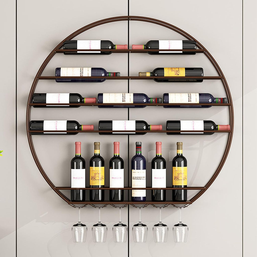 Round Wine Rack Wall Mounted Floating Bar Shelves Liquor Bottle Display Shelf Wall Mounted for Liquor Bottles Holder with Hanging Wine Glass Rack Bar Stand for Home Bar Dining Room Kitchen(Copper,100*