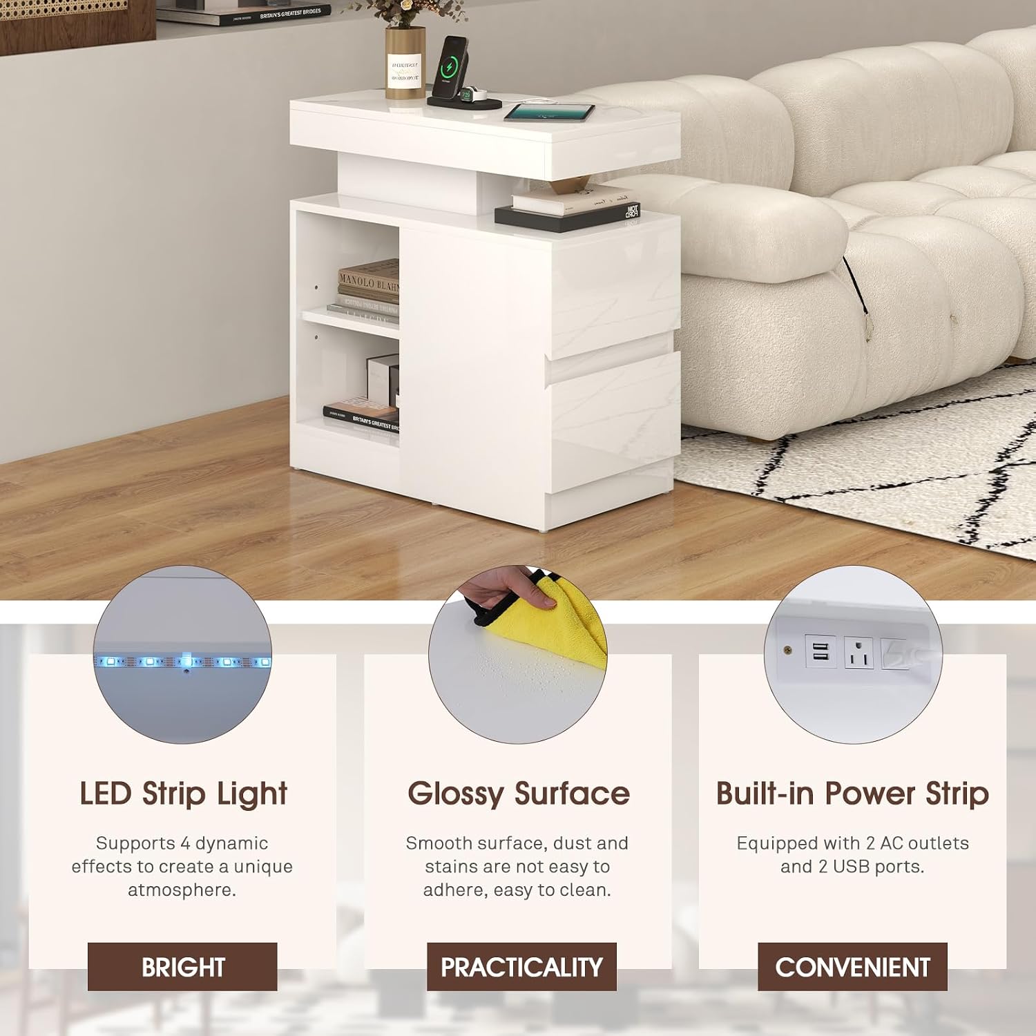 OC Orange-Casual LED End Table with Power Outlet, High Glossy Sofa Side Table, Small Nightstand with Drawer and Storage Cabinet, Narrow Side Table with Charging Station for Living Room (2, White)