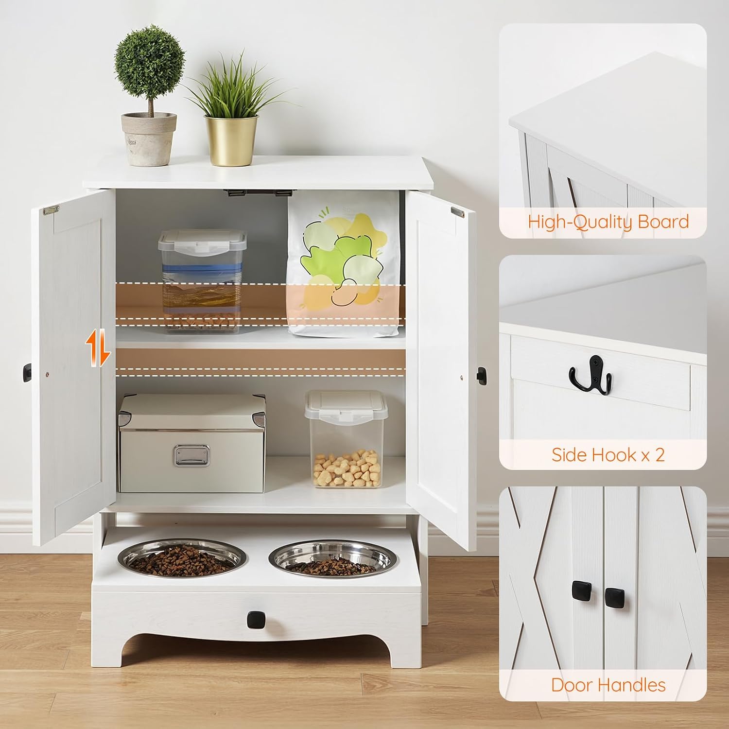 HOOBRO Dog Feeding Station with Feeding Bowls, Pet Organizer Cabinet with Storage and Hooks, Pet Feeding Station with Sliding Drawer and 2 Hidden Bowls for Dog & Cat, White WT12PO03G1