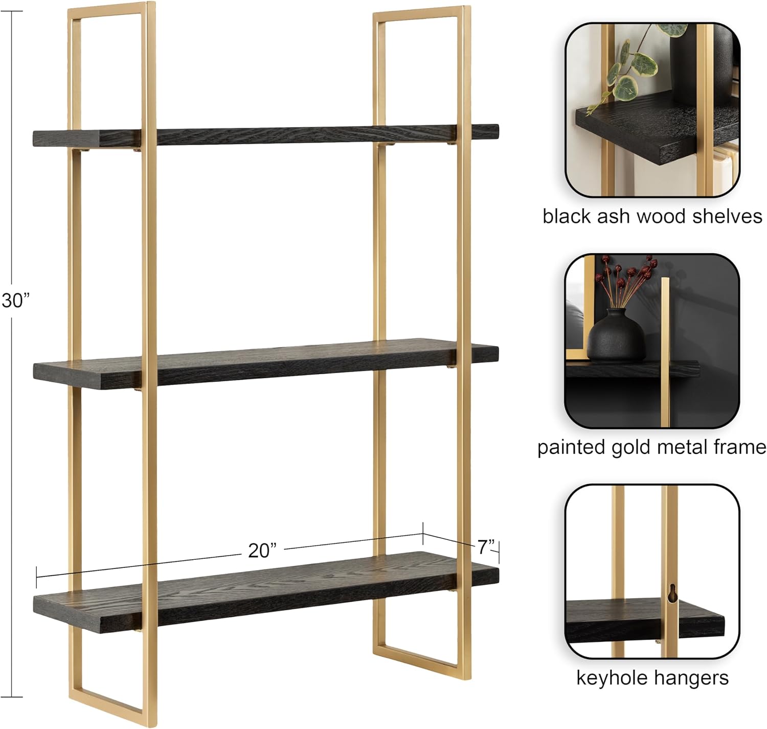 Kate and Laurel Leigh Modern 3 Tier Wall Shelf; 20 x 7 x 30; Black and Gold; Decorative Contemporary Glam Multi-Tiered Shelf Wall Organizer for Storage and Display