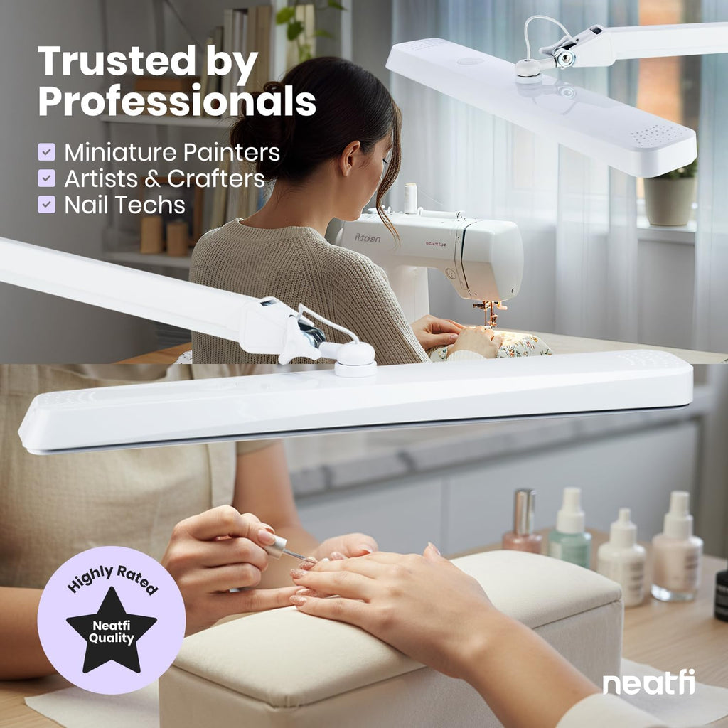 Neatfi XL 2,500 Lumens 30W LED Task Lamp for Manicure Table, Crafts, Workbench, Office - 22' Wide Shade Desk Light | Eye-Caring 6500K | 4-Level Brightnes (White, Non-CCT with Base)