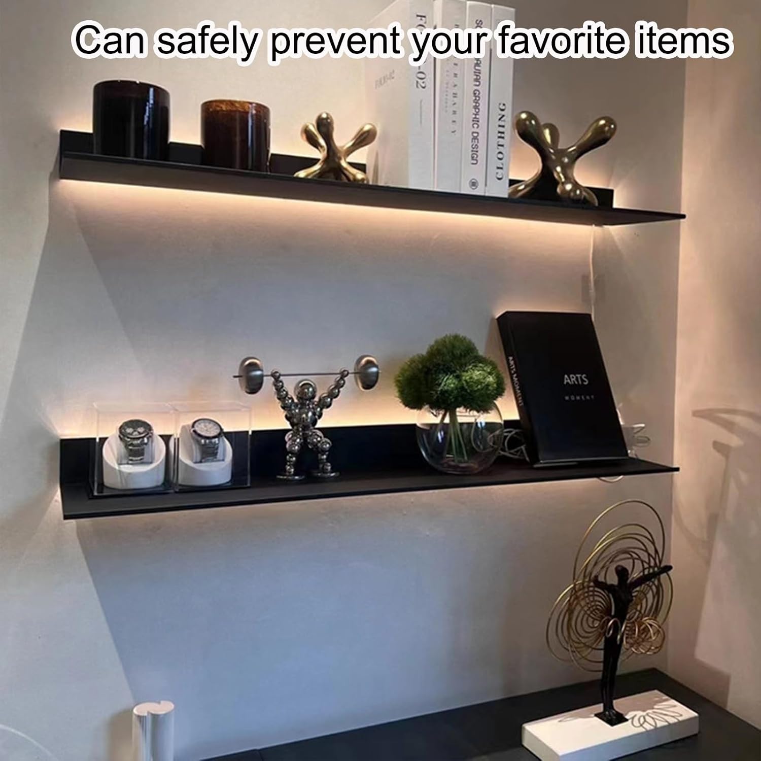 Corner Ledge Wall Shelf,Wall Mounted Light-Emitting Shelves, Storage Shelf Floating Display Shelf LED Light Up Can Hold A Lot of Things Objects are Not Easy to Fall (Color : Noir, Size : 120