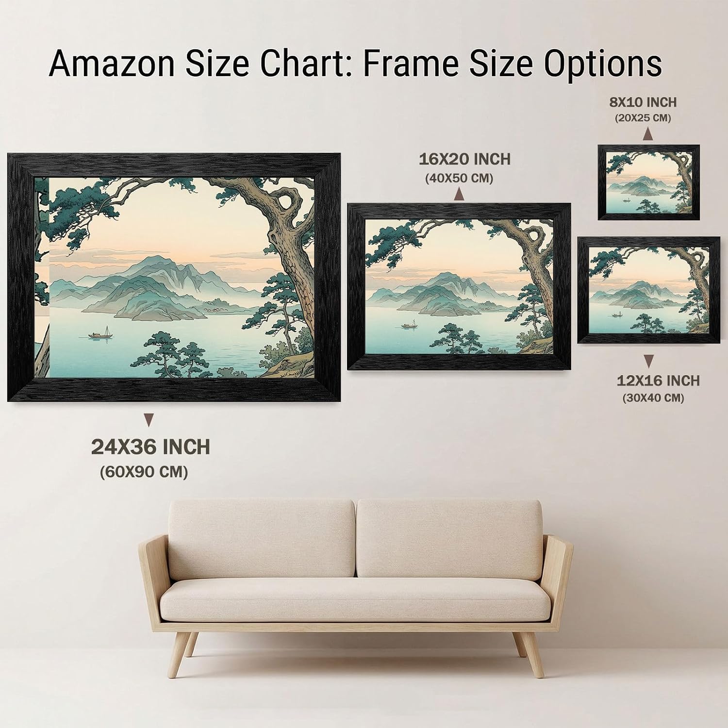 Framed Coastal Dawn Wall Art - Japanese Woodblock Style Pine Tree Seascape - Premium Black Frame - Ready to Hang 12x18 inch Decor for Home and Office - 24x36 Inch