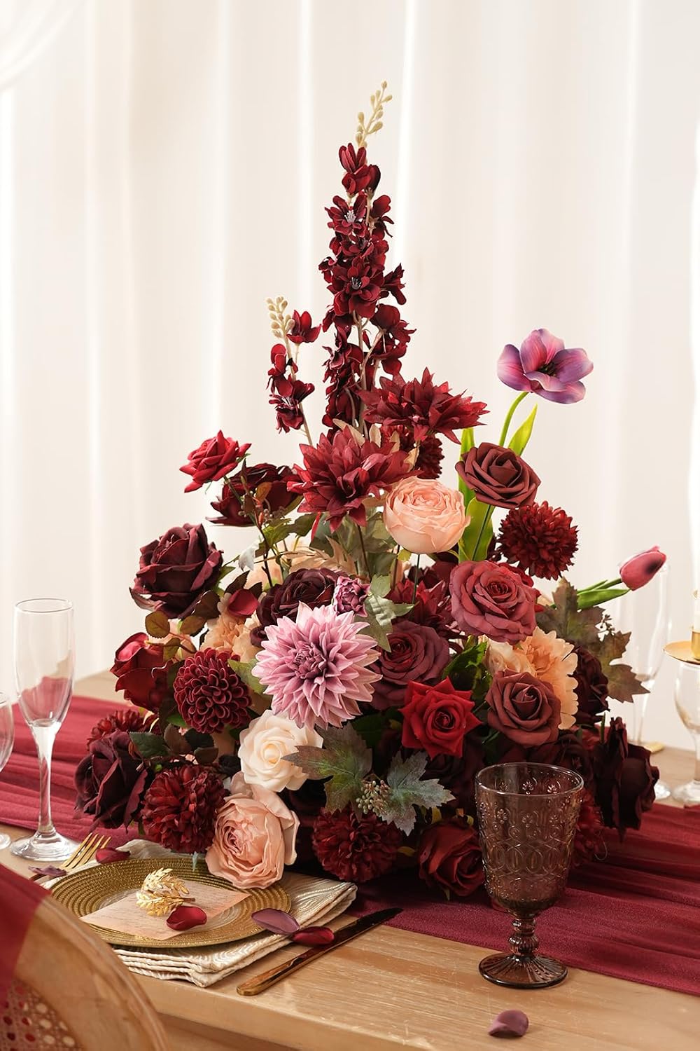 2pcs 19inch Burgundy Wine Red Free Standing Flowers Ball Bouquet Artificial Rose Arrangements Balls for Wedding Centerpieces Tables Chair Aisle Runner Flowers Decorations