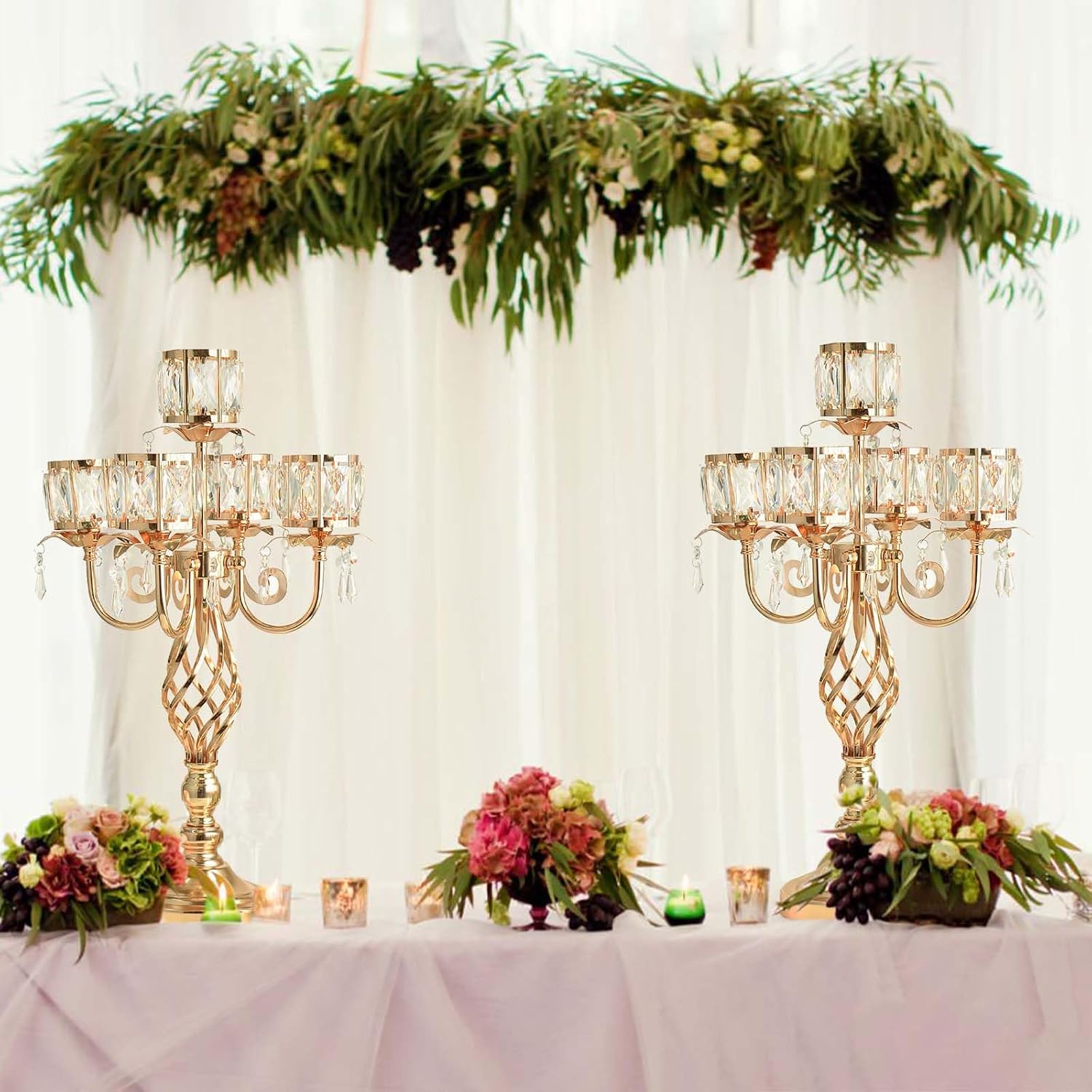 23.2 inch Tall Elegant and Chic 5 Arm Pendant Crystal Candlestick Holder Table Decoration tealight Candle Holder, Candelabra for Gorgeous Wedding/Parties Table Centerpiece (4, Gold)