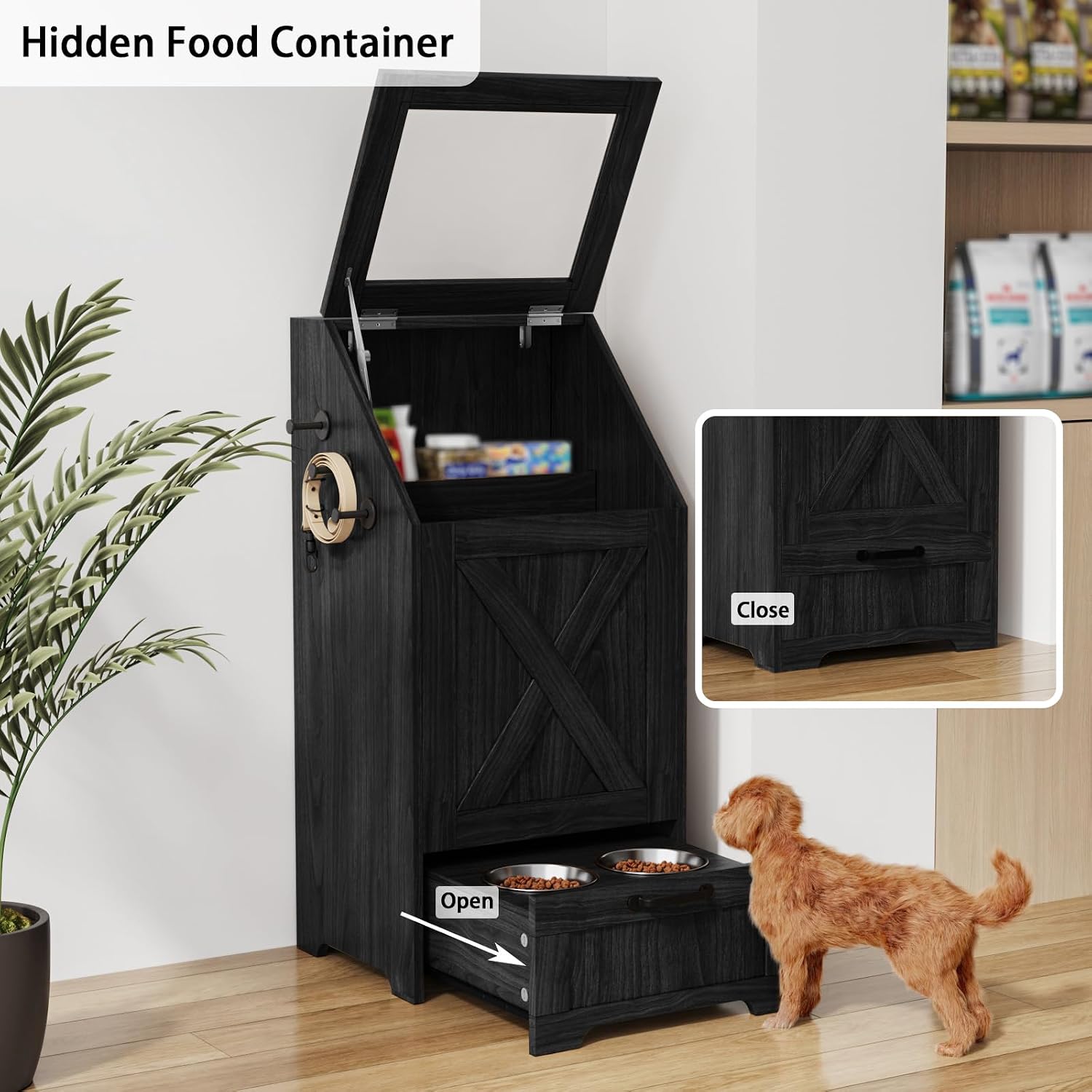 Dog Feeding Station with Storage,Wooden Pet Food Storage Cabinet,Equipped with 2 High Footed Bowls and 3 Hooks,Top Glass Flip Cover,Anti Tipping Device (Dog Feeding Station-Black)