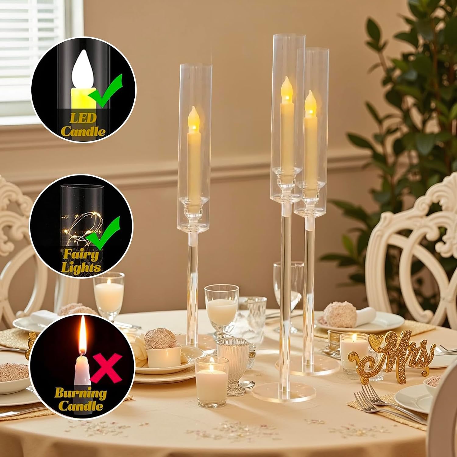 Vincidern 24pcs Taper Candle Holder Acrylic Candlestick Holder Clear Set for Table Centerpiece, Long Candle Stick Candle Stand Cylinder Shade for Wedding Party Dining Room Decor