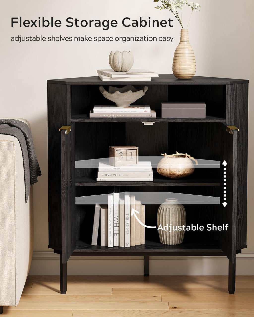 EYYTHUNG Black Corner Cabinet with Open Storage, Fluted Small Corner Floor Cabinet with 2 Doors & Adjustable Shelf, Wooden Freestanding Storage Organizer for Small Space,Living Room, Dining Room