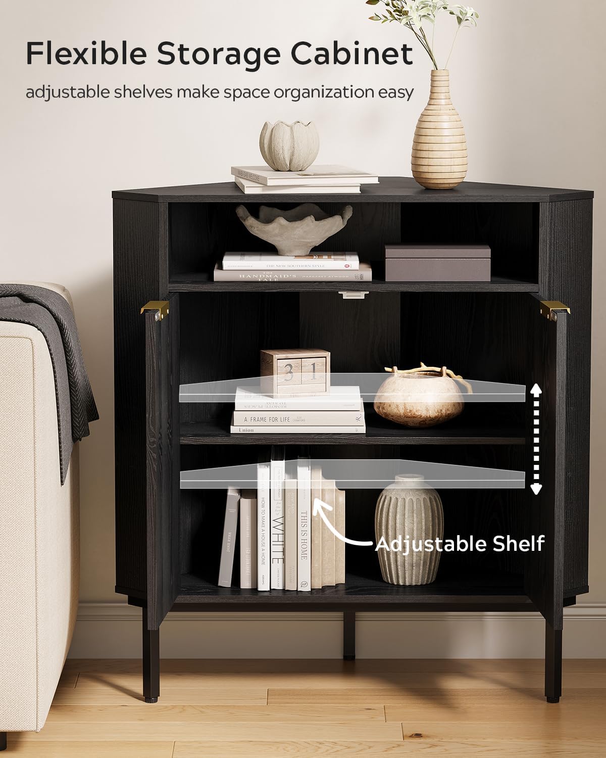 EYYTHUNG Black Corner Cabinet with Open Storage, Fluted Small Corner Floor Cabinet with 2 Doors & Adjustable Shelf, Wooden Freestanding Storage Organizer for Small Space,Living Room, Dining Room