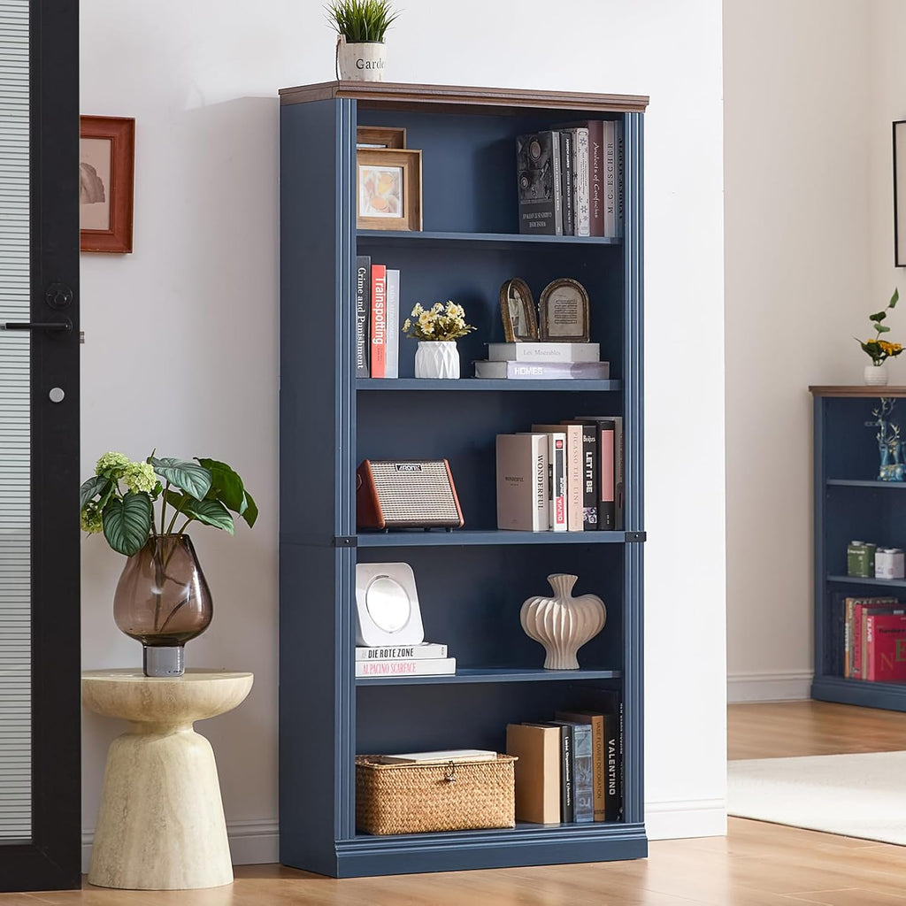 RWYHG 70' Blue Tall Bookshelf,5-Tier Thick Wooden Book Shelf with Adjustable Shelves,Free Standing Farmhouse Bookcase with Open Display Storage,Floor Vintage Bookshelves for Living Room,Office