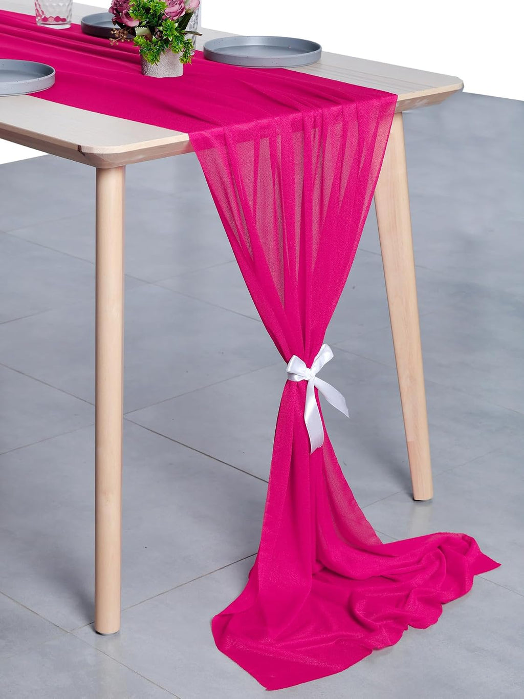 VDS 14ft Chiffon Table Runner 29x170 Inches Shimmer Sheer Centerpiece Cloth for Wedding Bridal Shower Birthday Graduation Engagement Ceremony Event Party Banquet Table Decoration (25 PC)(Hot Pink)