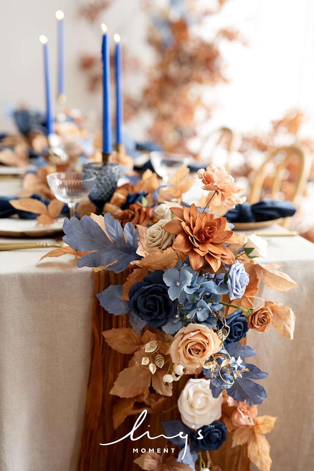 Ling's moment 9FT Eucalyptus & Willow Leaf Garland with White Flower, Handcrafted Wedding Sweetheart Table Centerpieces Head Table Decor Arch Backdrop Decorations for Wedding | Burnt Orange & Denim