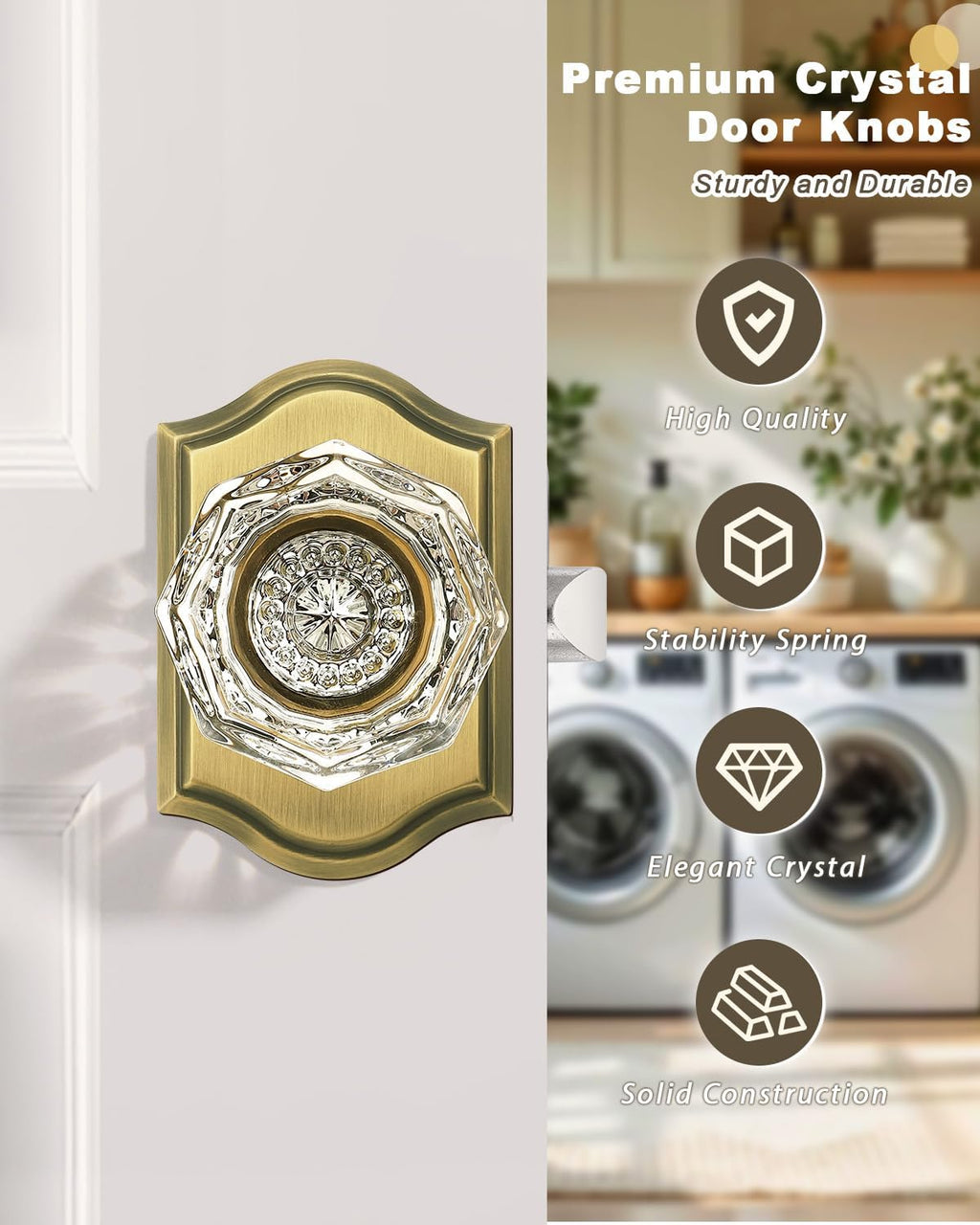 Gobrico Heavy Duty Crystal Glass Door Knobs 6 Pack,Passage Function for Interior Room,Keyless Snowflake Crystal Door Handles for Hall Closet Pantry,Antique Brass Finish