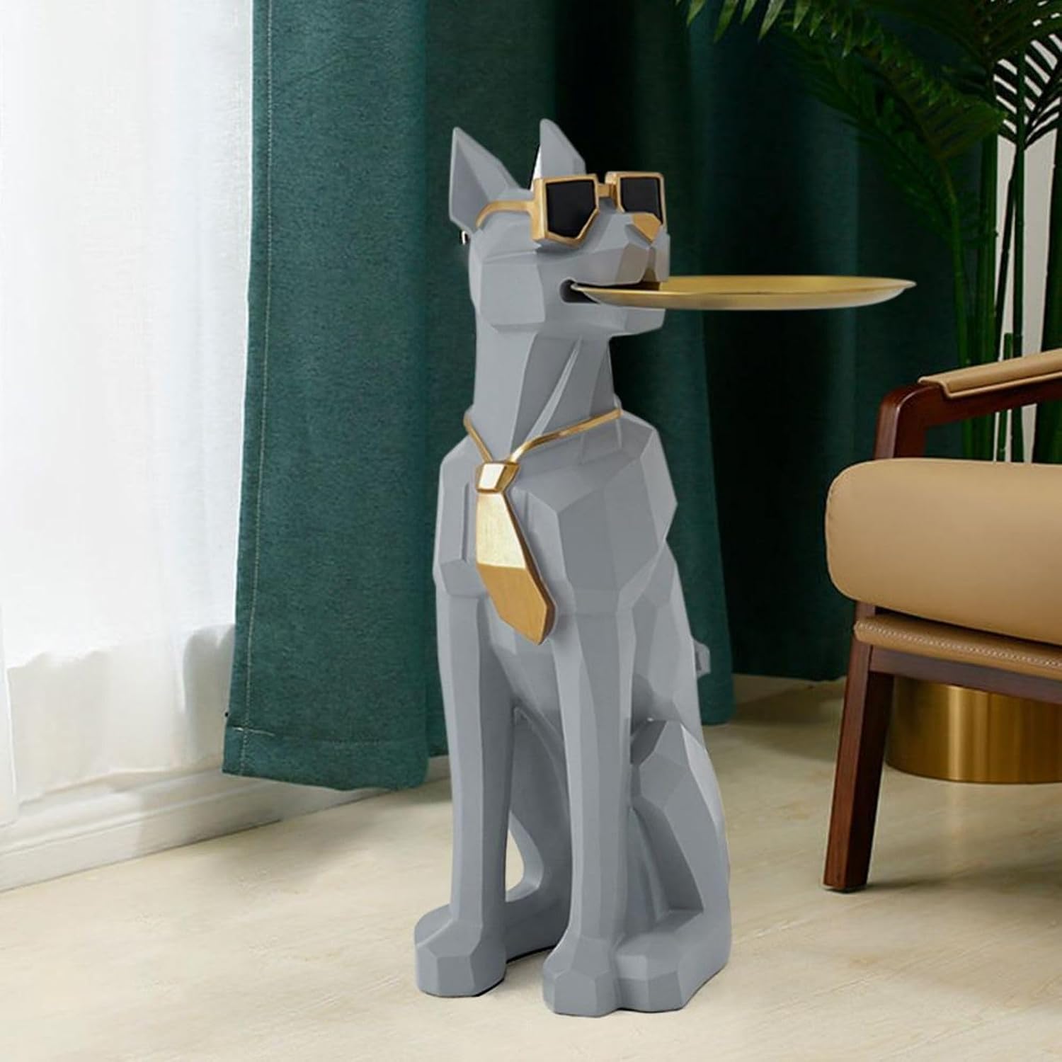 homary Modern Resin Dog Sculpture Geometric Standing Statue Cute Side Table Tray End Table with Tissue Storage (Gray)
