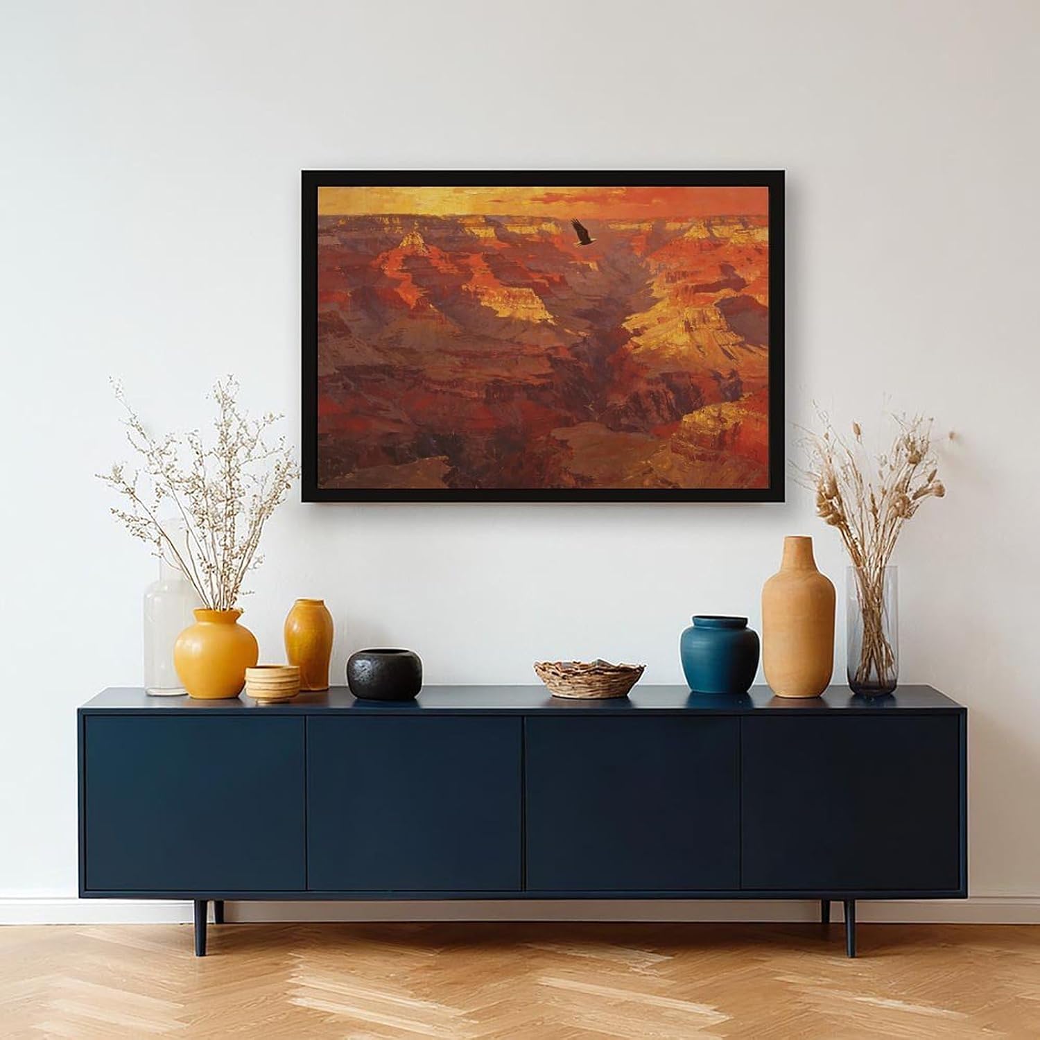 Canyon Sunset Landscape Wall Art Print, Dramatic Red Rock Vista with Soaring Eagle Painting Poster for Home Office Decor 20x30in