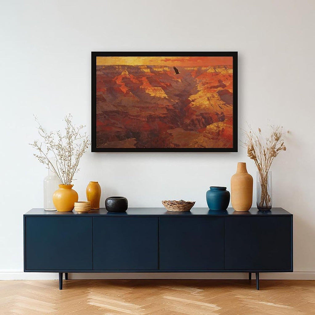 Canyon Sunset Landscape Wall Art Print, Dramatic Red Rock Vista with Soaring Eagle Painting Poster for Home Office Decor 24x36in