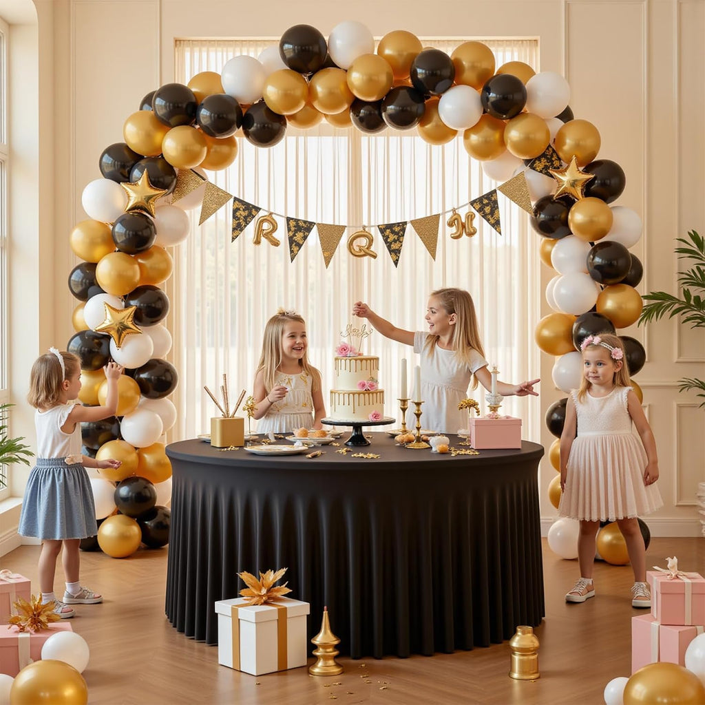 12 Pack 60 Inch Black Round Tablecloth with Skirt, Fitted Table Cover for 5FT Tables, Wrinkle Resistant and Washable Table Cloth for Wedding Party Banquet Buffet Indoor Outdoor Events