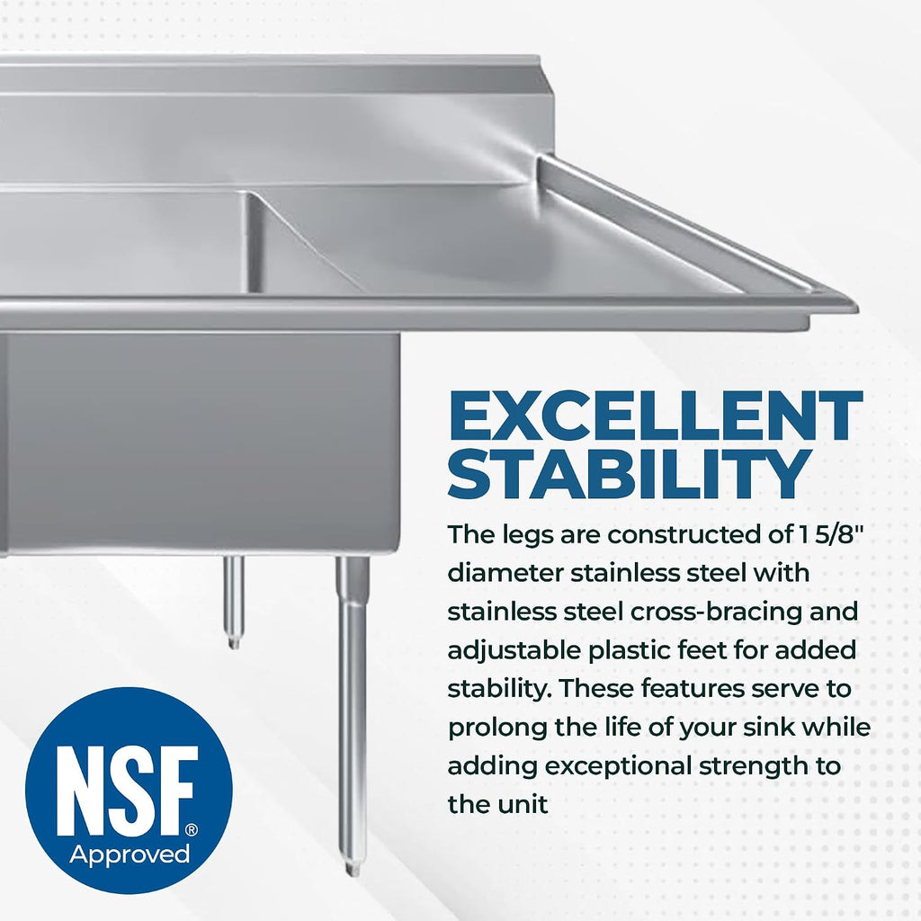 3 Compartment Stainless Steel Commercial Sink with Dual Drainboards | 24' x 24' x 14' Bowls | 120' Wide | NSF | Restaurant Prep & Utility Wash Station