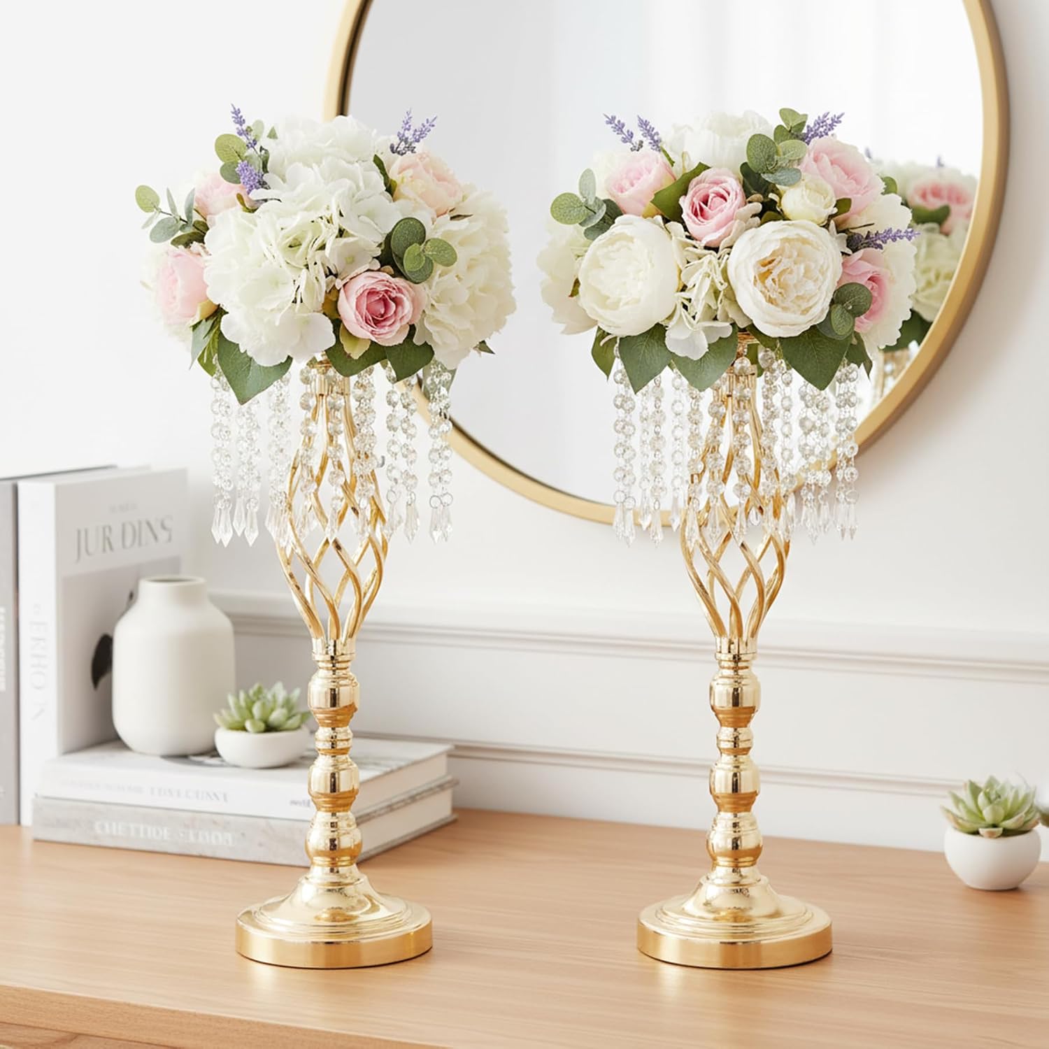 Metal Flower Stands with Crystal Beads - Wedding Centerpieces for Table Decorations, Elegant Metal Flower Arrangement Stands, Flower Vases for Wedding Party Celebration Home Decor (Gold-10pcs)