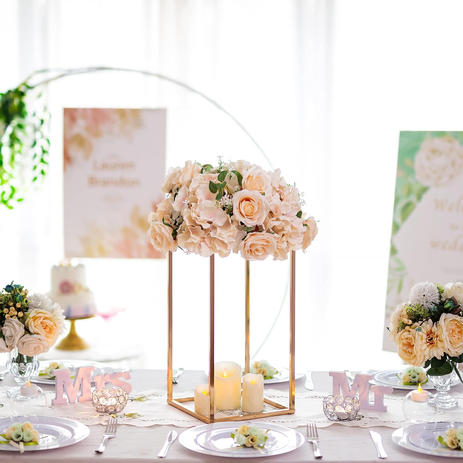 Gold Stand Wedding Centerpieces for Tables - 15.75in Tall Vases for Centerpieces, 10 Pcs Metal Column Flower Stand, Rectangular Flower Display Rack, Wedding Decorations for Table, Party, Event, Home