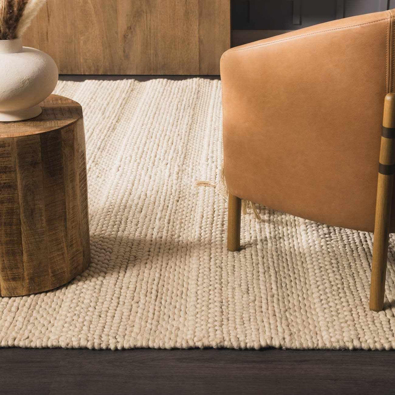 BoutiqueRugs Beige Striped Transitional 8ft Square Area Rug Wool Hand Woven Flatweave Textured Bohemian Clarke Living Room Bedroom Dining Room Home Office Apartment Stain Resistant Non-Shedding