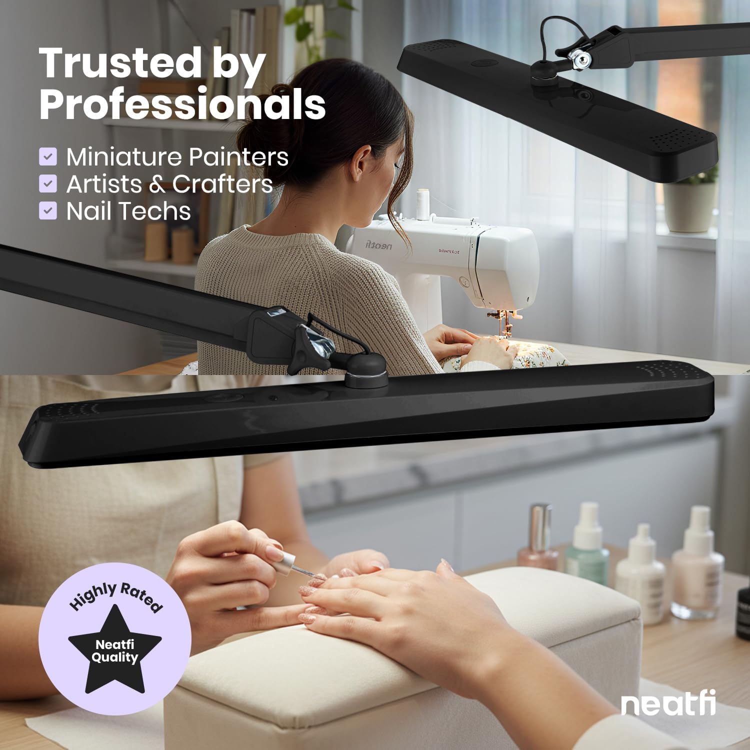 Neatfi XL 2,500 Lumens 30W LED Task Lamp for Manicure Table, Crafts, Workbench, Office – 22' Wide Shade Desk Light | Eye-Caring 6500K | 4-Level Brightness (Black, Non-CCT with Clamp)