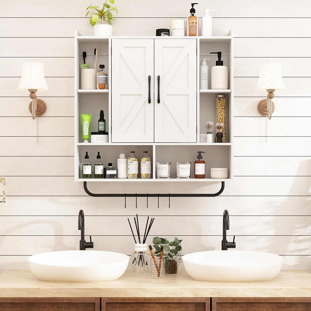 RUSTOWN Rustic Wood Wall Bathroom Cabinet, Farmhouse Medicine Cabinet Wall Mounted, Space Saving Wall Storage Cabinet with 2 Barn Door, 3-Tier Adjustable Shelves and Towel Bar (White)