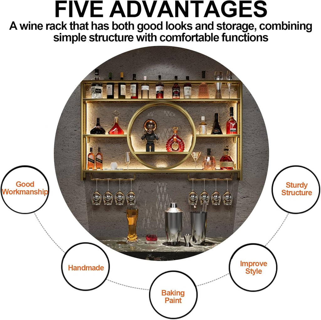 Wine Rack Wall Mounted 3 Tier Metal Floating Shelves With LED Light, Hanging Floating Bar Liquor Bottles, For Home Bars Kitchen (Black, 100x80x15cm)