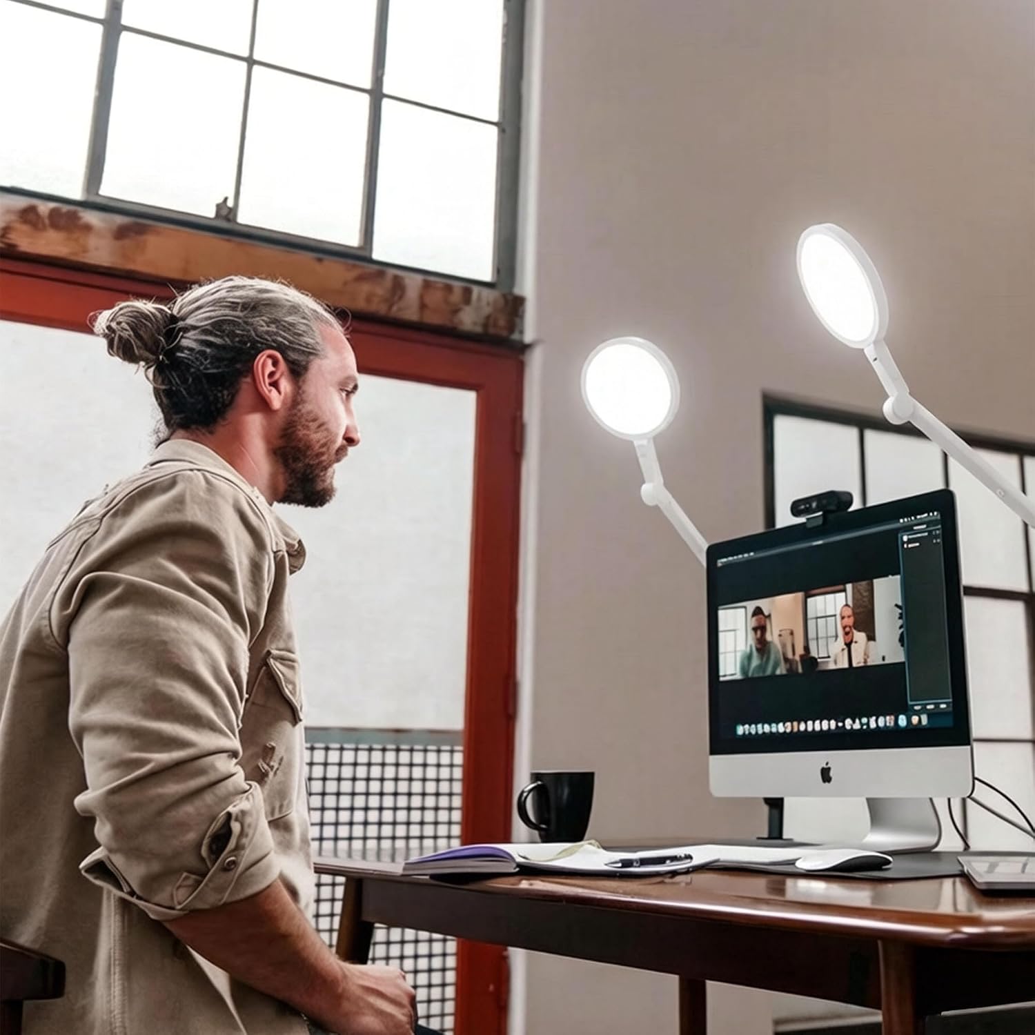 LUME CUBE Edge 2.0 LED Desk Lamp | Dimmable Home Office Desk Light with USB Charging Port & Strong Swing Arm | Adjustable Color Temperature and Brightness | Circle Webcam Light - White 2pk