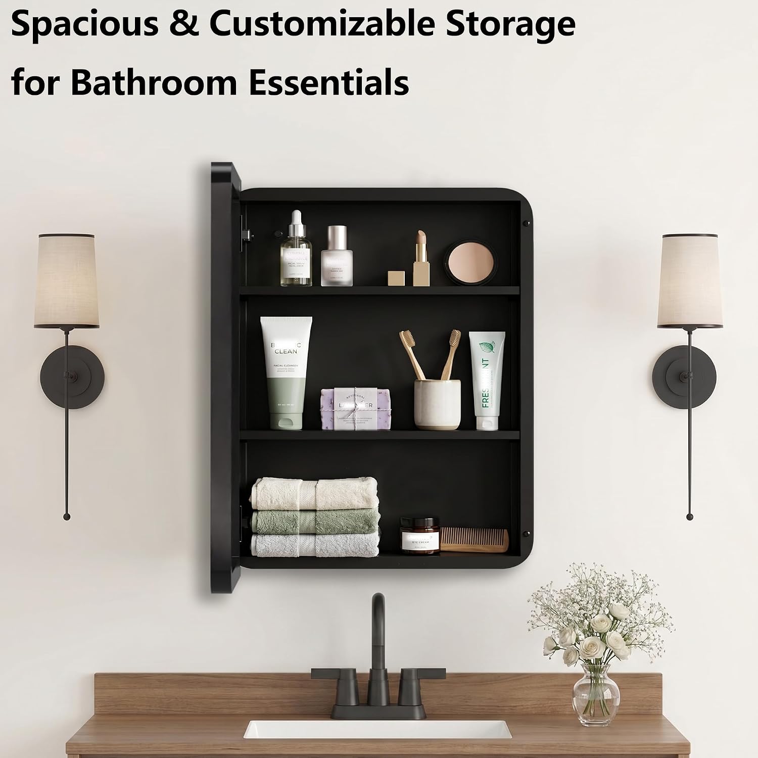 Bathroom Medicine Cabinet with 16'x20' Stainless Steel Framed Mirror,Recessed or Surface Mounted Bathroom Mirror Cabinet,Storage Cabinetfor Bathrooms, Guest Rooms, Apartments, Farmhouse Decor