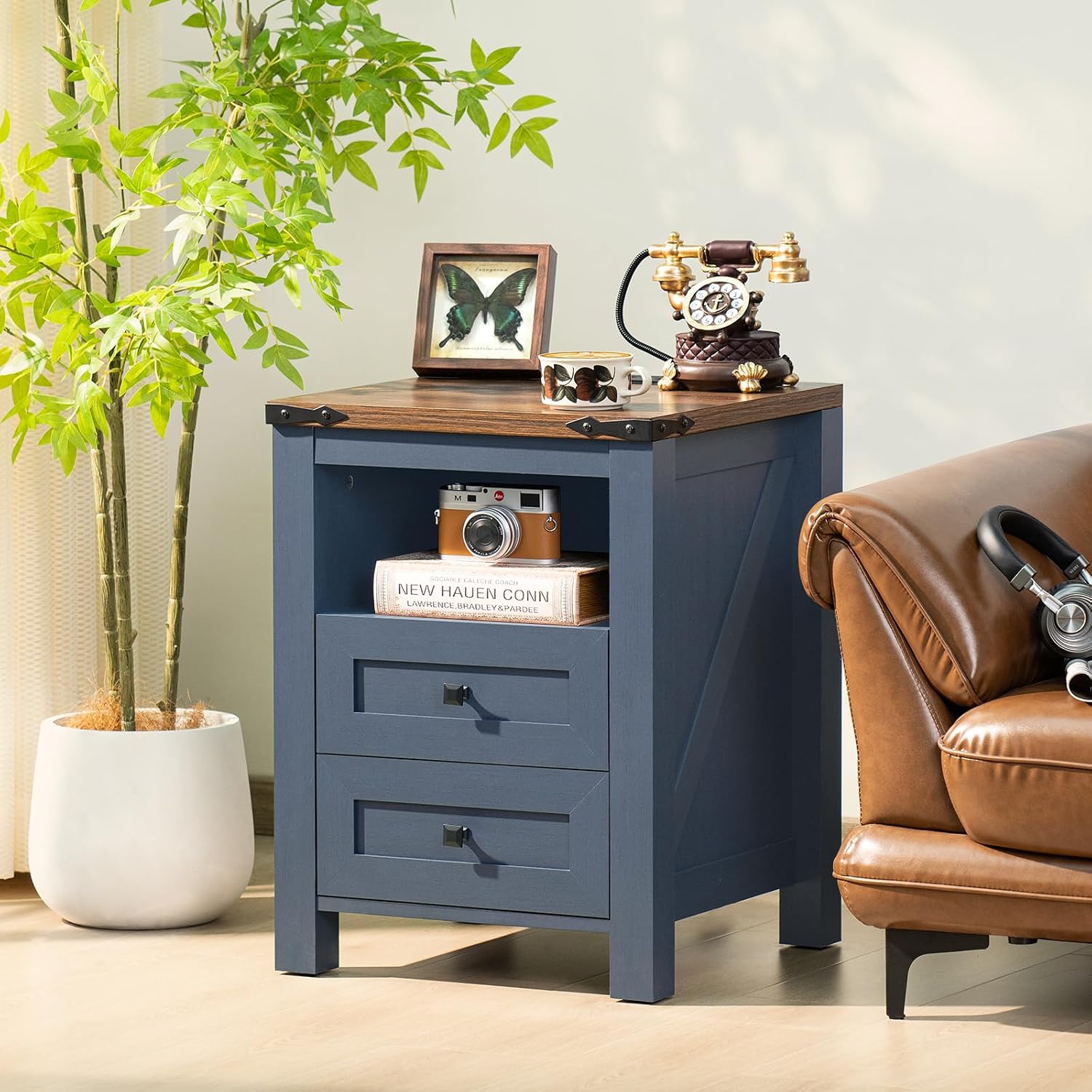 Joaxswe Nightstand with Charging Station, Farmhouse Night Stand with 2 Drawers and Shelf Storage, Blue Wooden Side End Table, Bedside Cabinet for Bedroom, Living Room, Closet,Office