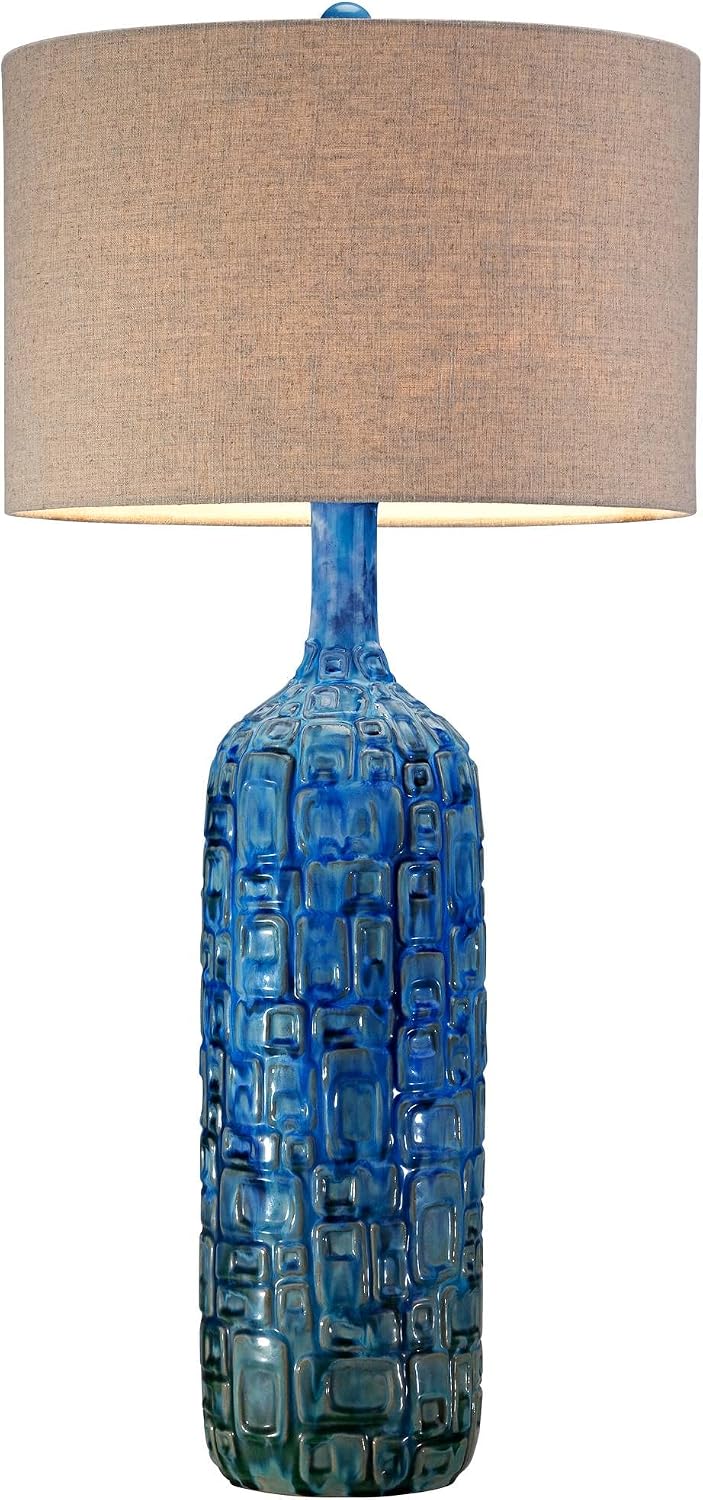 Possini Euro Design Mid Century Modern Style Table Lamp Ceramic Tiled Teal Tall Tan Linen Fabric Drum Shade Decor for Living Room Bedroom House Bedside Home Office Entryway (Colors May Vary)