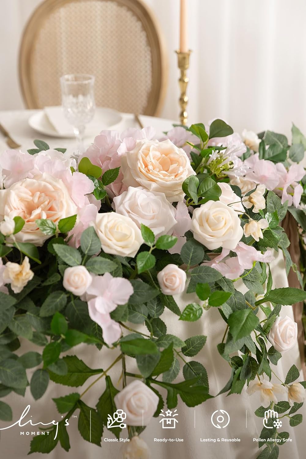 Ling's Moment 9FT Spring Flower Garland for Backdrop Decorations - Wedding Arch Flowers, Eucalyptus & Rose, Artificial Floral Garland for Mantel - Sweetheart Table Decor for Reception, Cream