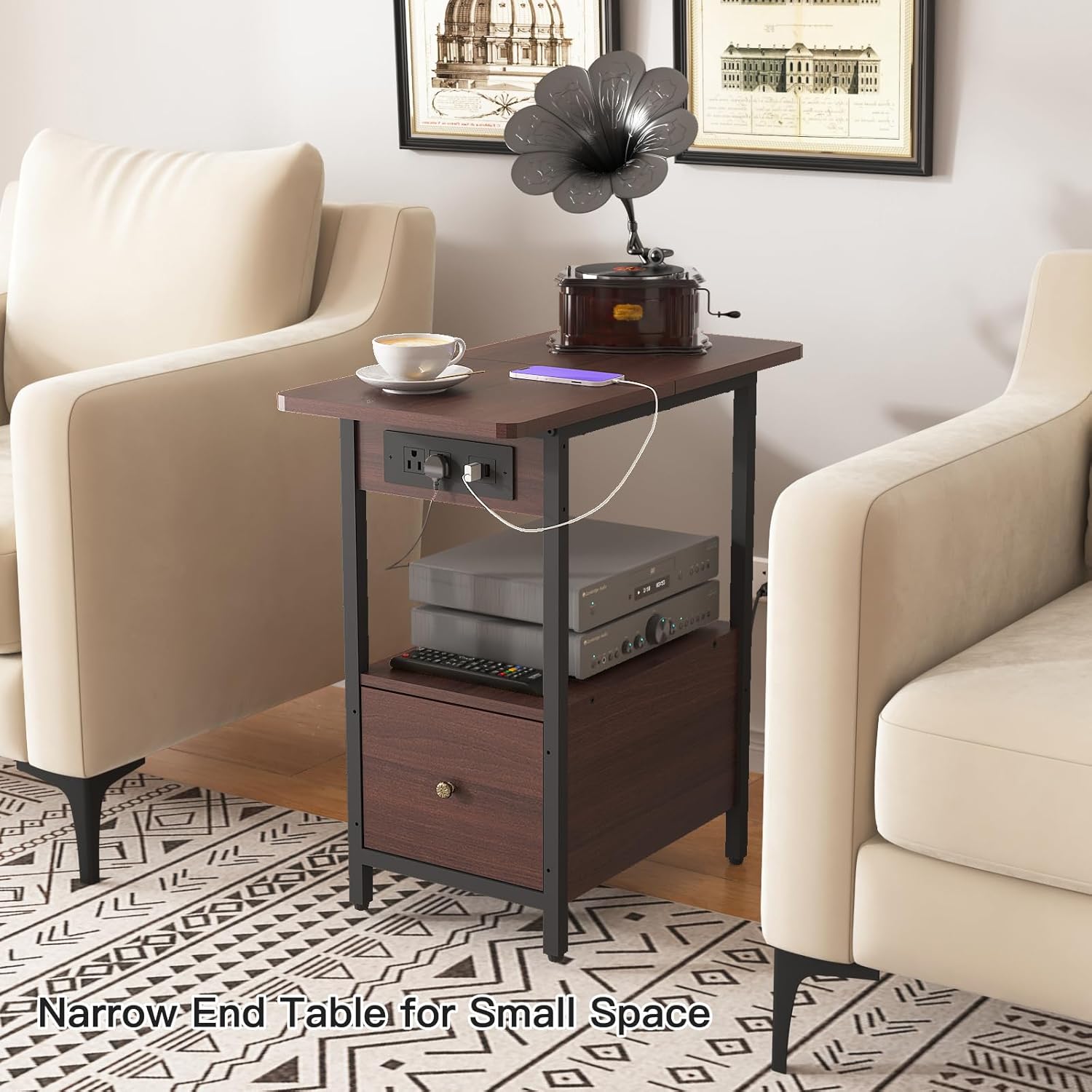 LIDYUK End Table with Charging Station, Narrow Side Table with Drawer and USB Ports & Power Outlets, Nightstand Bedside Tables for Small Spaces, Bedroom, Living Room, Dark Cherry, Set of 2