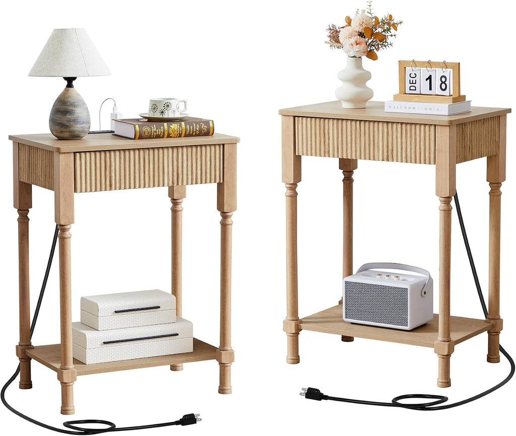 23.6' Large End Table with Charging Station, Set of 2, Modern Farmhouse Side Table with Drawer&Open Shelf, Fluted Wood Bedside Table Sofa Tables Night Stand for Bedroom Living Room Home Office,Natural