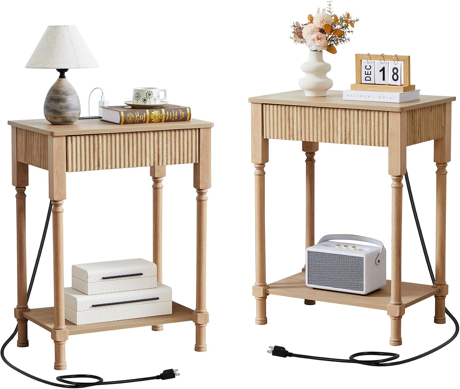 23.6' Large End Table with Charging Station, Set of 2, Modern Farmhouse Side Table with Drawer&Open Shelf, Fluted Wood Bedside Table Sofa Tables Night Stand for Bedroom Living Room Home Office,Natural