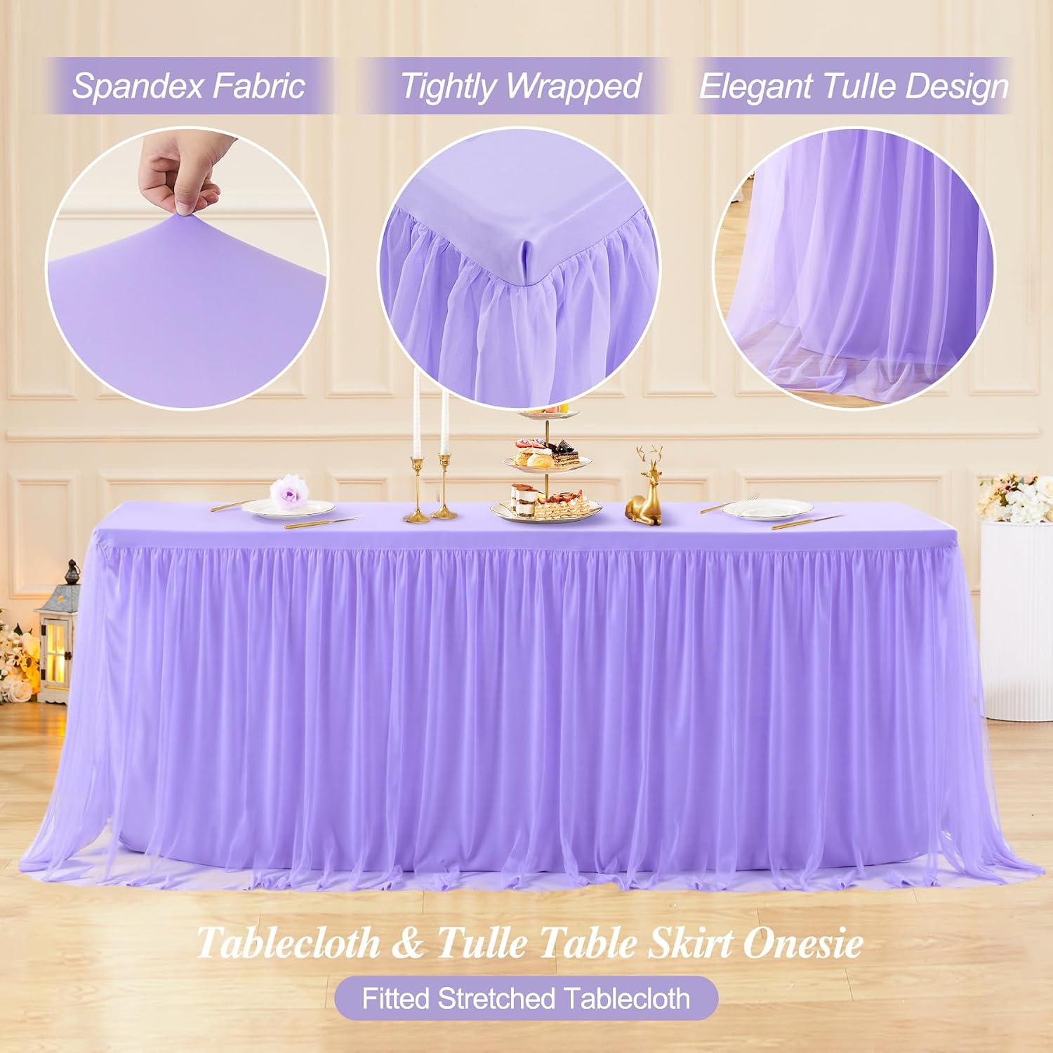 6 Pack Lavender Tulle Tablecloths with Skirt for 6 Foot Rectangle Tables Party Ruffle Tutu Tablecloth 6FT Stretch Fitted Table Cover for Wedding Reception Birthday Baby Shower Celebration Banquet