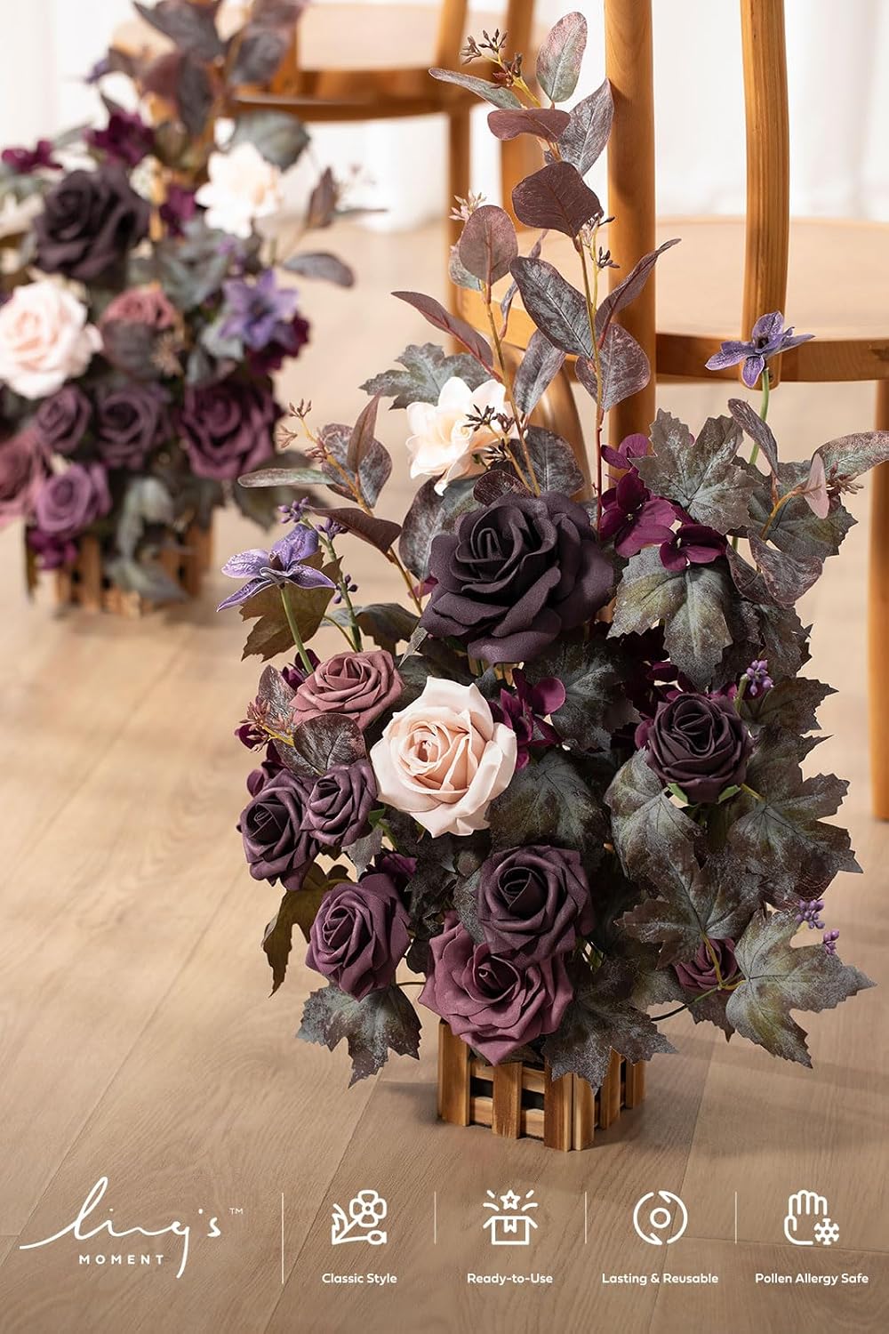 Ling's moment 17.5' Tall Standing Artificial Flowers Arrangements 4 pcs Fall Wedding Aisle Runner Chair Decorations Deep Plum Centerpieces for Ceremony Reception Rose Floral Party Outdoor