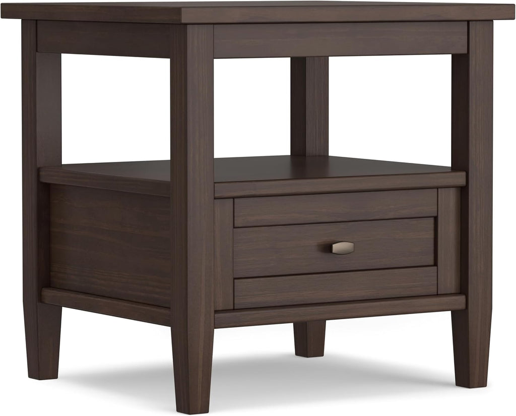 SIMPLIHOME Warm Shaker End Table - 20' Wide x 20' High Solid Wood Side Table in Warm Walnut Brown, Transitional Accent Table for Living Room or Bedroom with Drawer, Open Shelf and Square Tapered Legs
